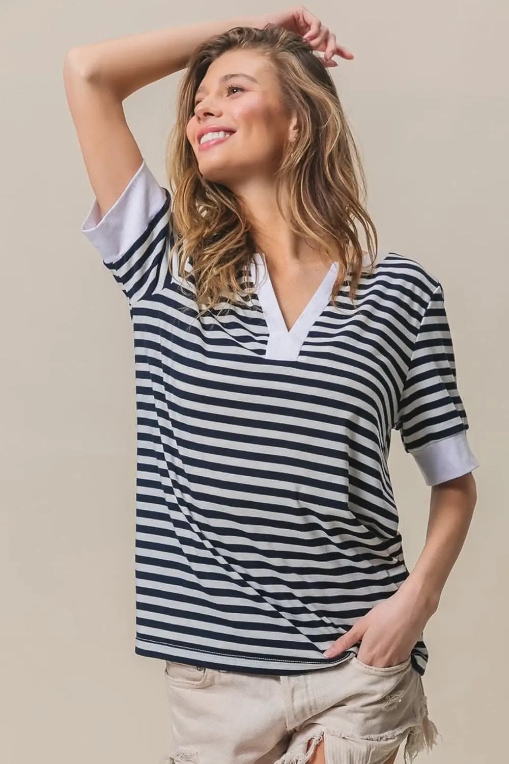 BiBi notched knit top with stripes - Love Salve