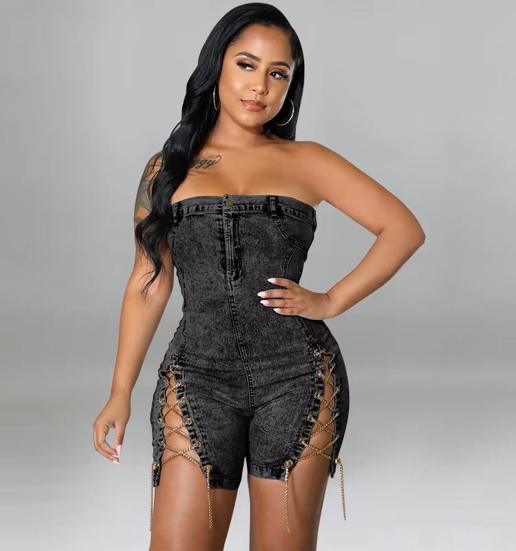 Chain Reaction Denim Romper - Strapless with Sassy Lace-Up Details