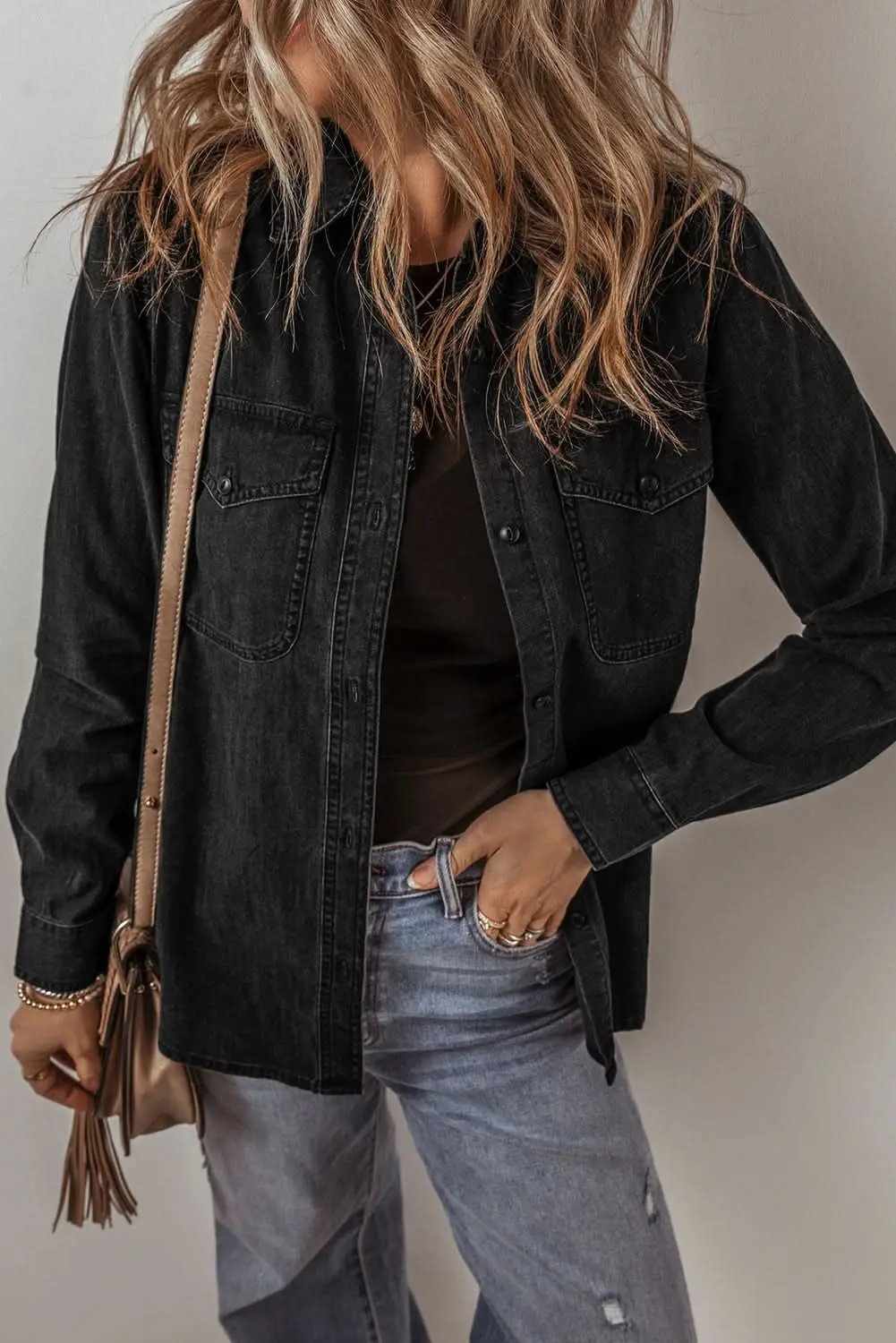 Black Flap Pocket Buttons Collared Jean Jacket - Love Salve