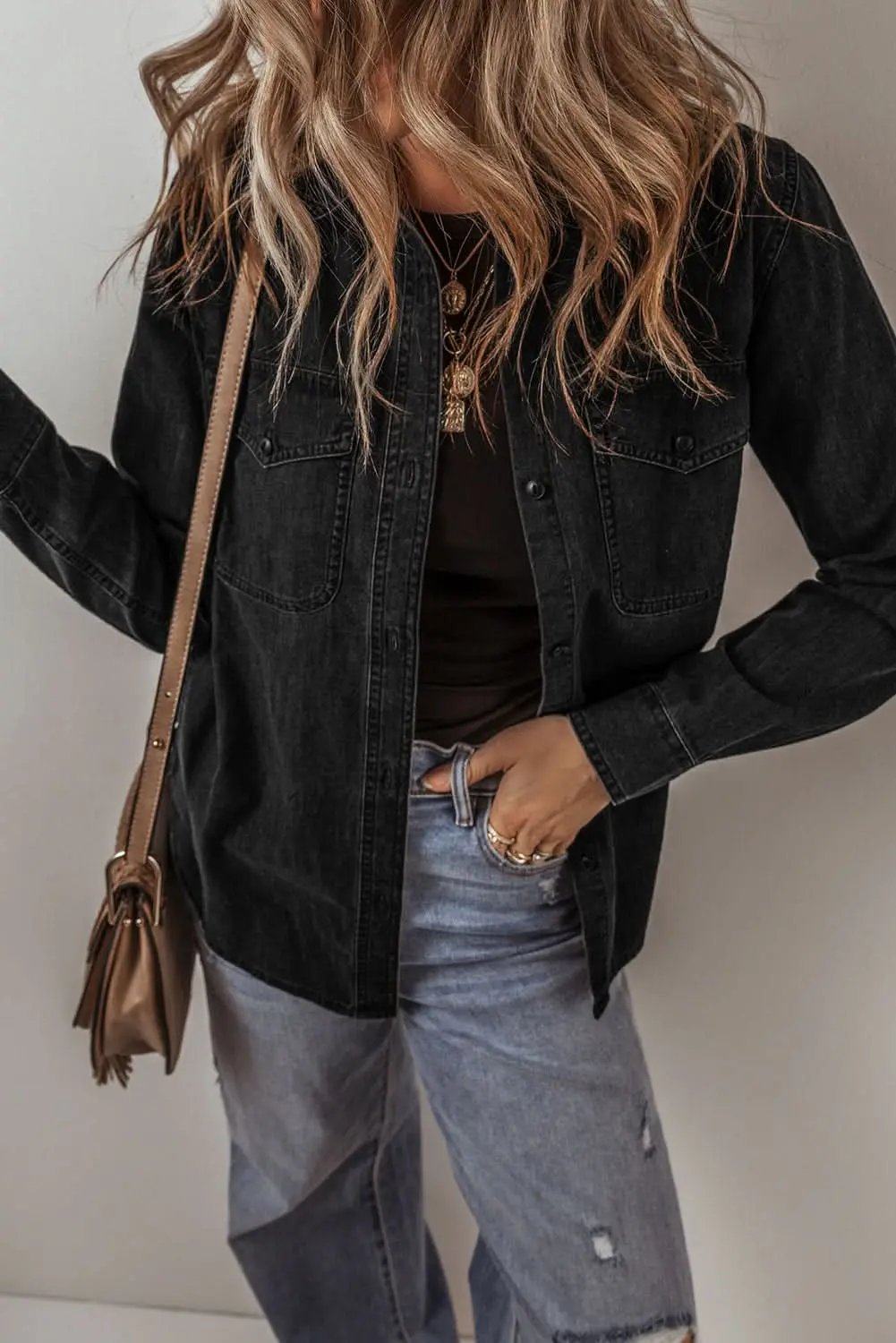 Black Flap Pocket Buttons Collared Jean Jacket - Love Salve