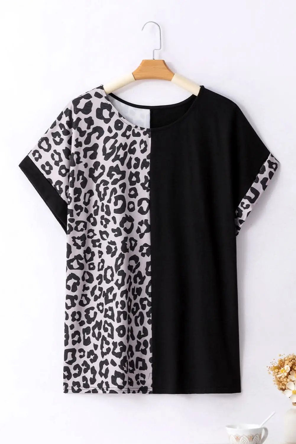 Black Half Leopard Patchwork Plus Size T-shirt - Love Salve