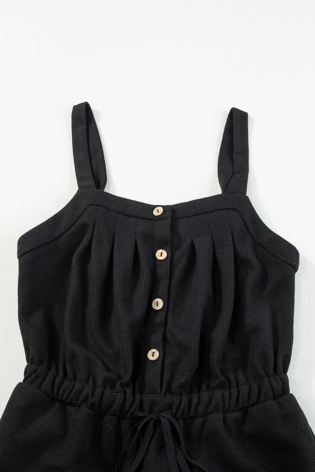 Black Knotted Straps Button Textured Drawstring Jumpsuit - Love Salve