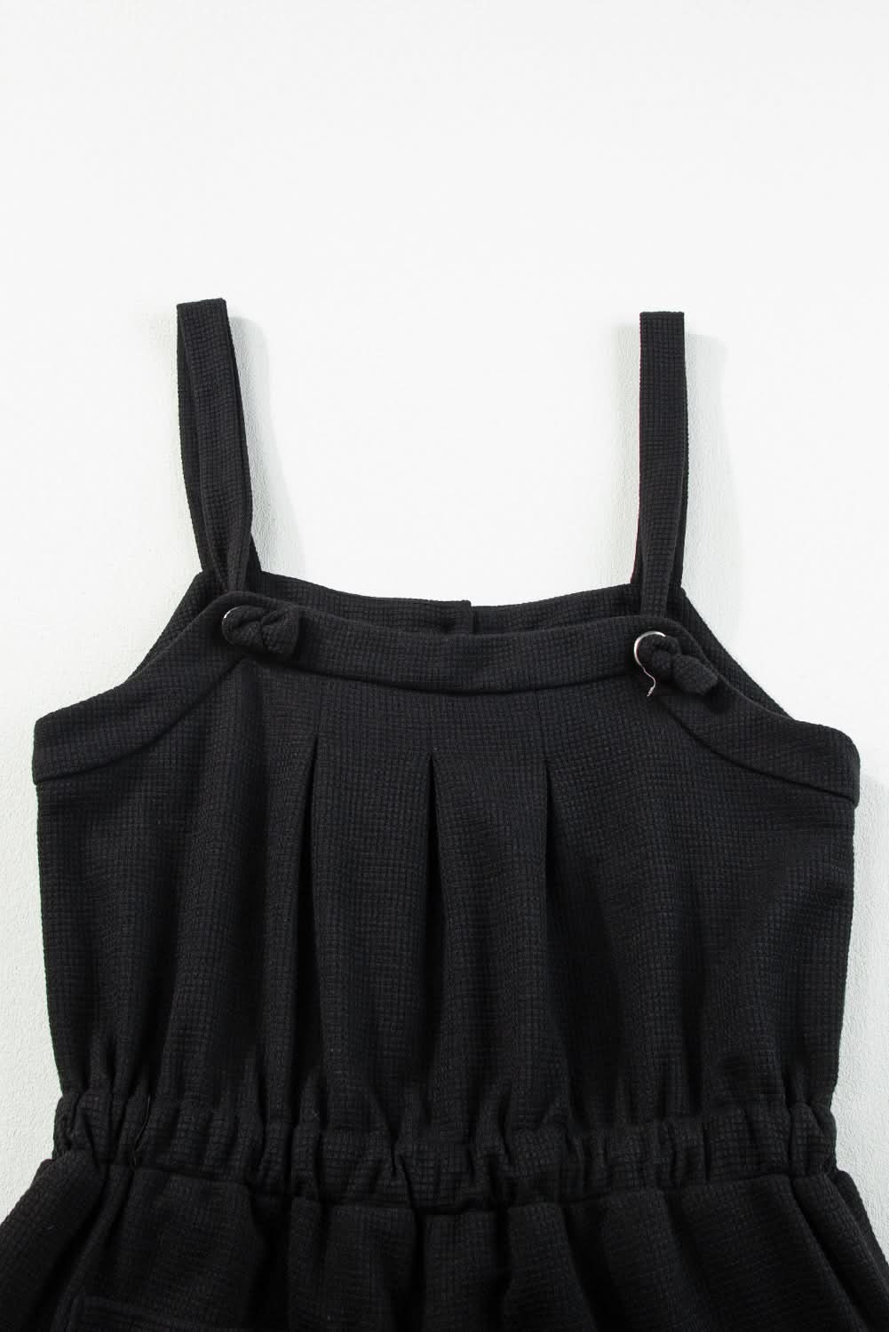 Black Knotted Straps Button Textured Drawstring Jumpsuit - Love Salve
