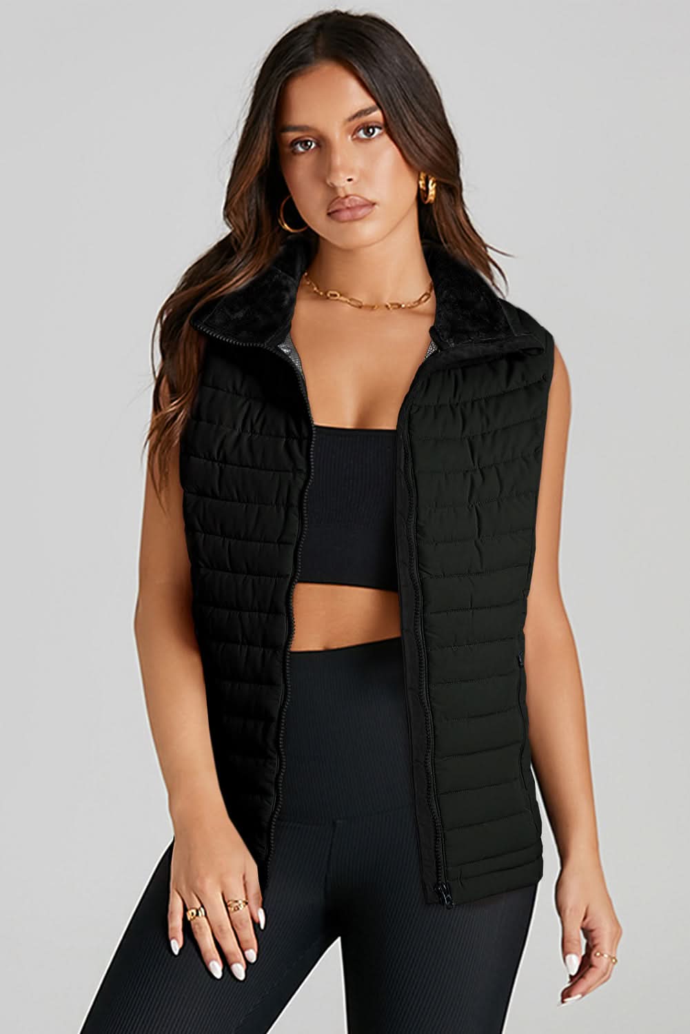 Black Plush Collared Quilted Zipped Puffer Vest - Love Salve