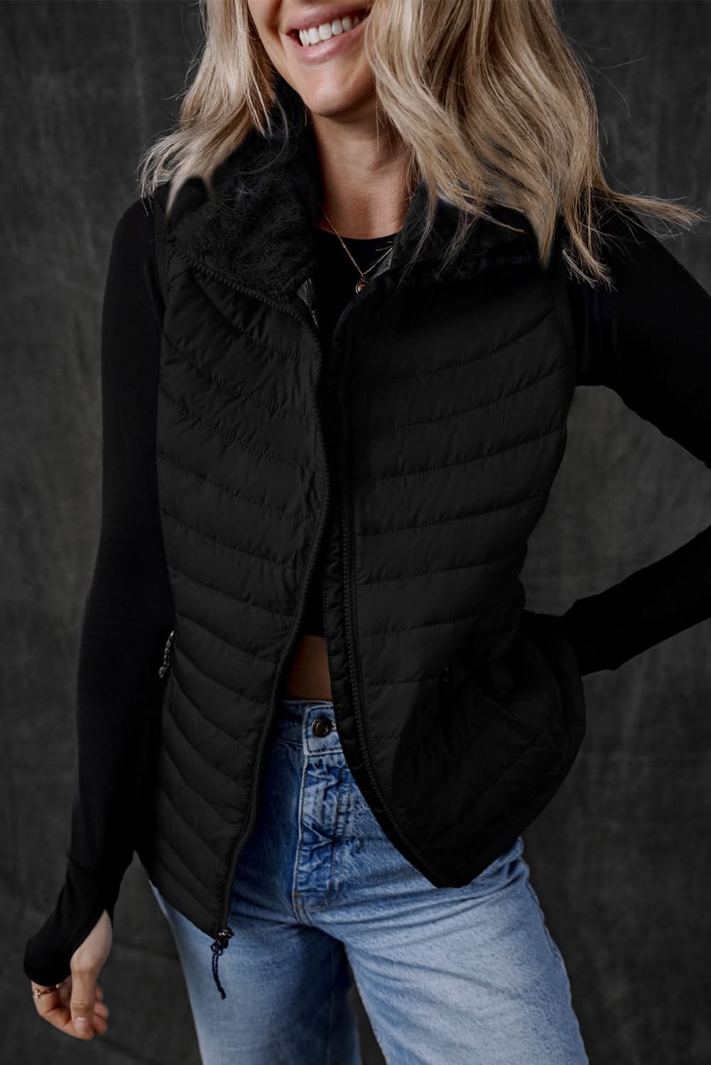 Black Plush Collared Quilted Zipped Puffer Vest - Love Salve