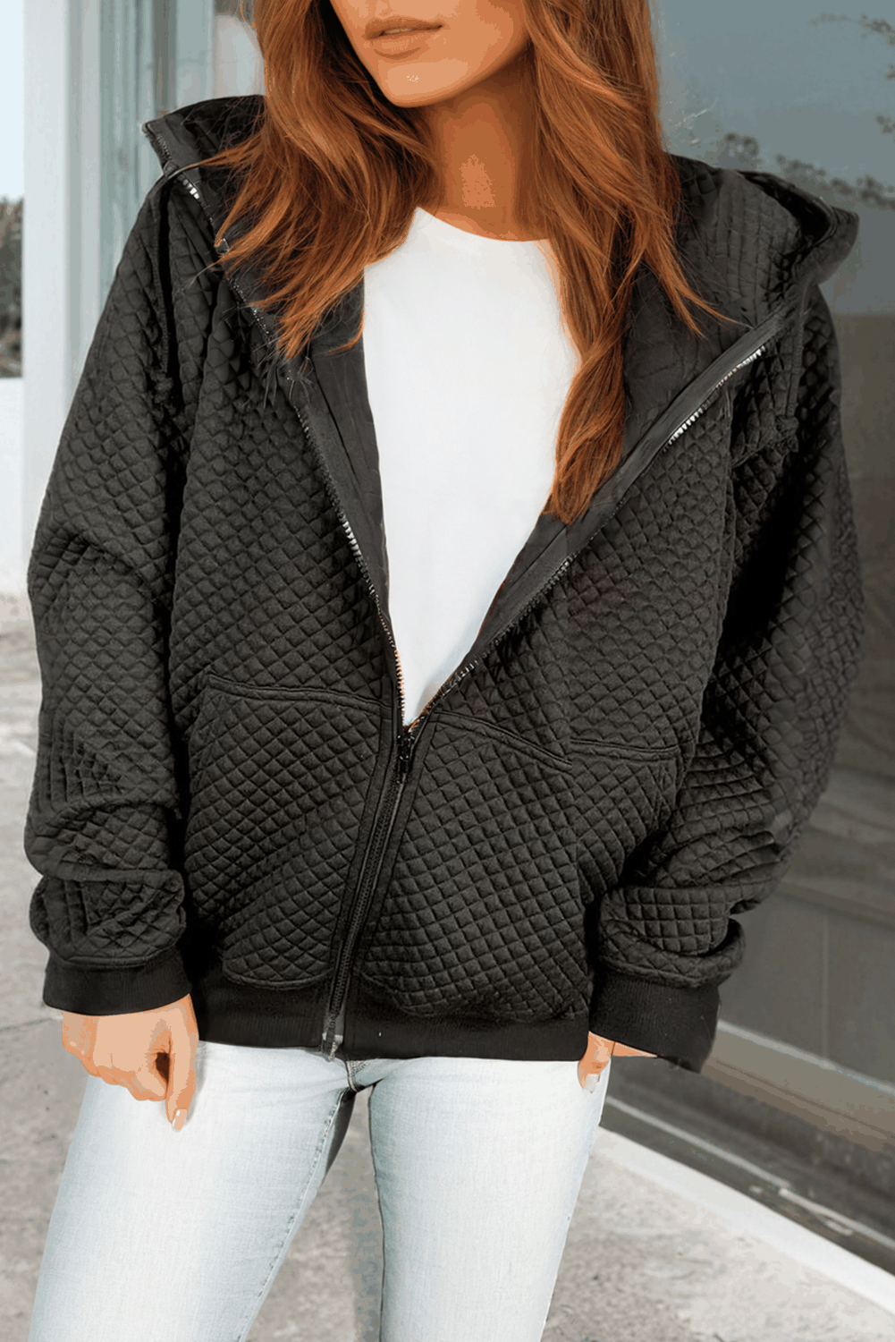 Black Quilted Side Pockets Zipper Hooded Jacket - Love Salve