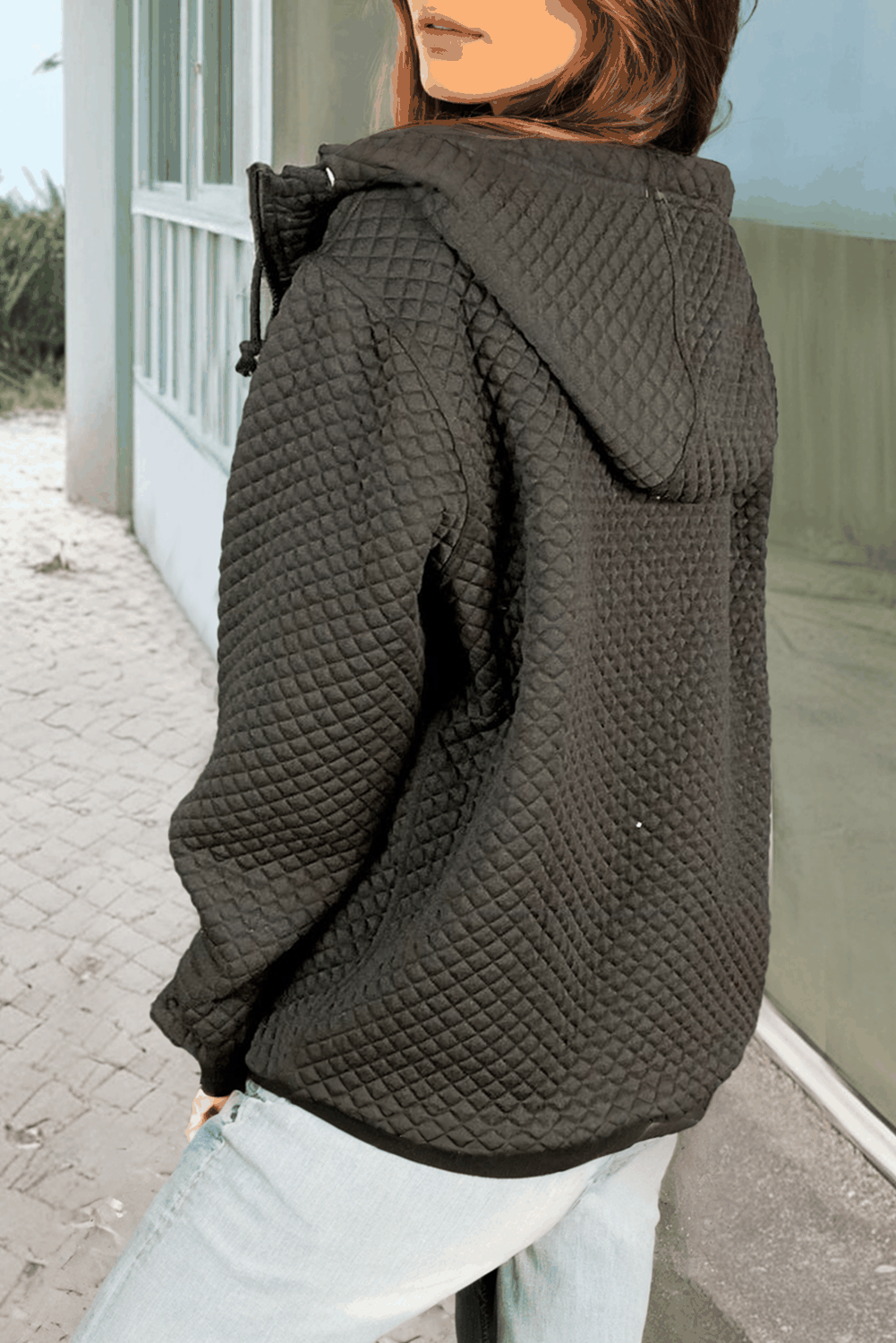 Black Quilted Side Pockets Zipper Hooded Jacket - Love Salve