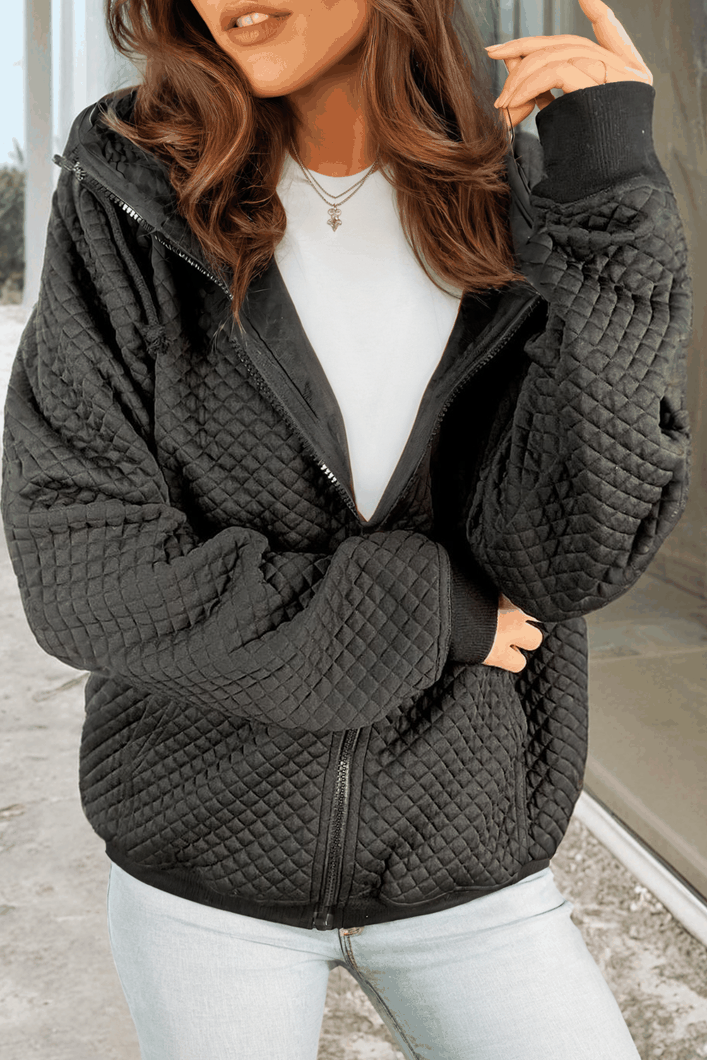 Black Quilted Side Pockets Zipper Hooded Jacket - Love Salve