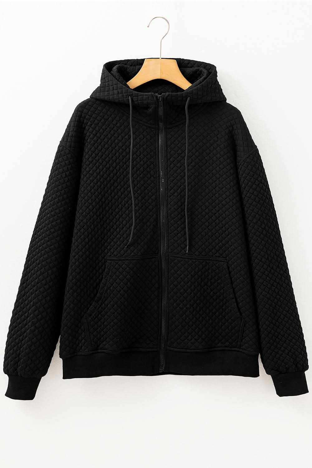 Black Quilted Side Pockets Zipper Hooded Jacket - Love Salve