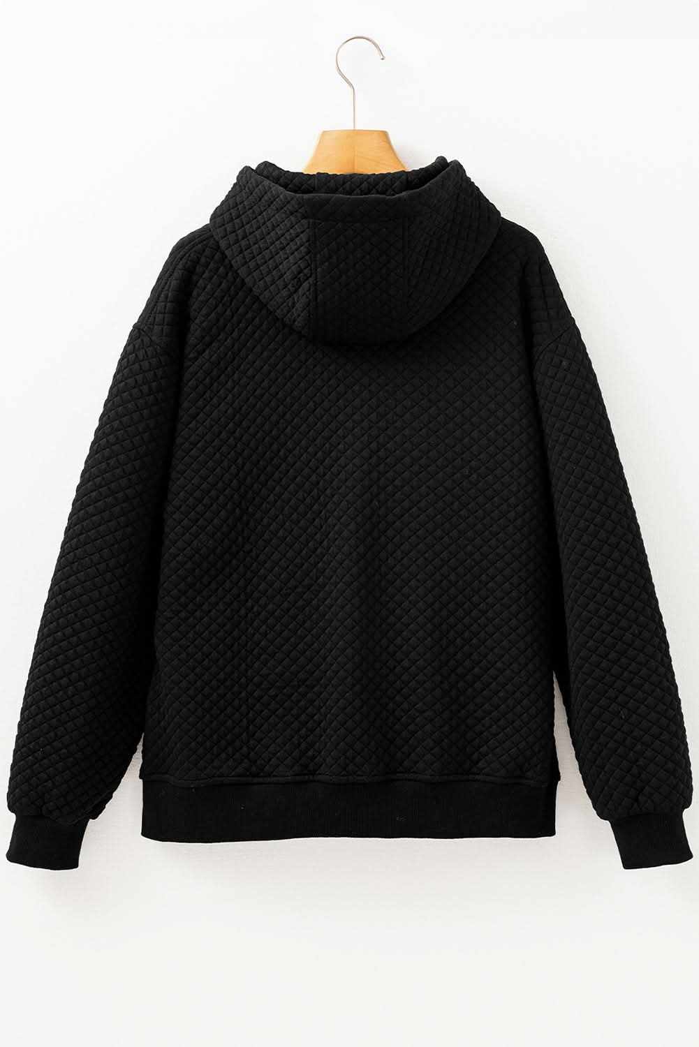 Black Quilted Side Pockets Zipper Hooded Jacket - Love Salve