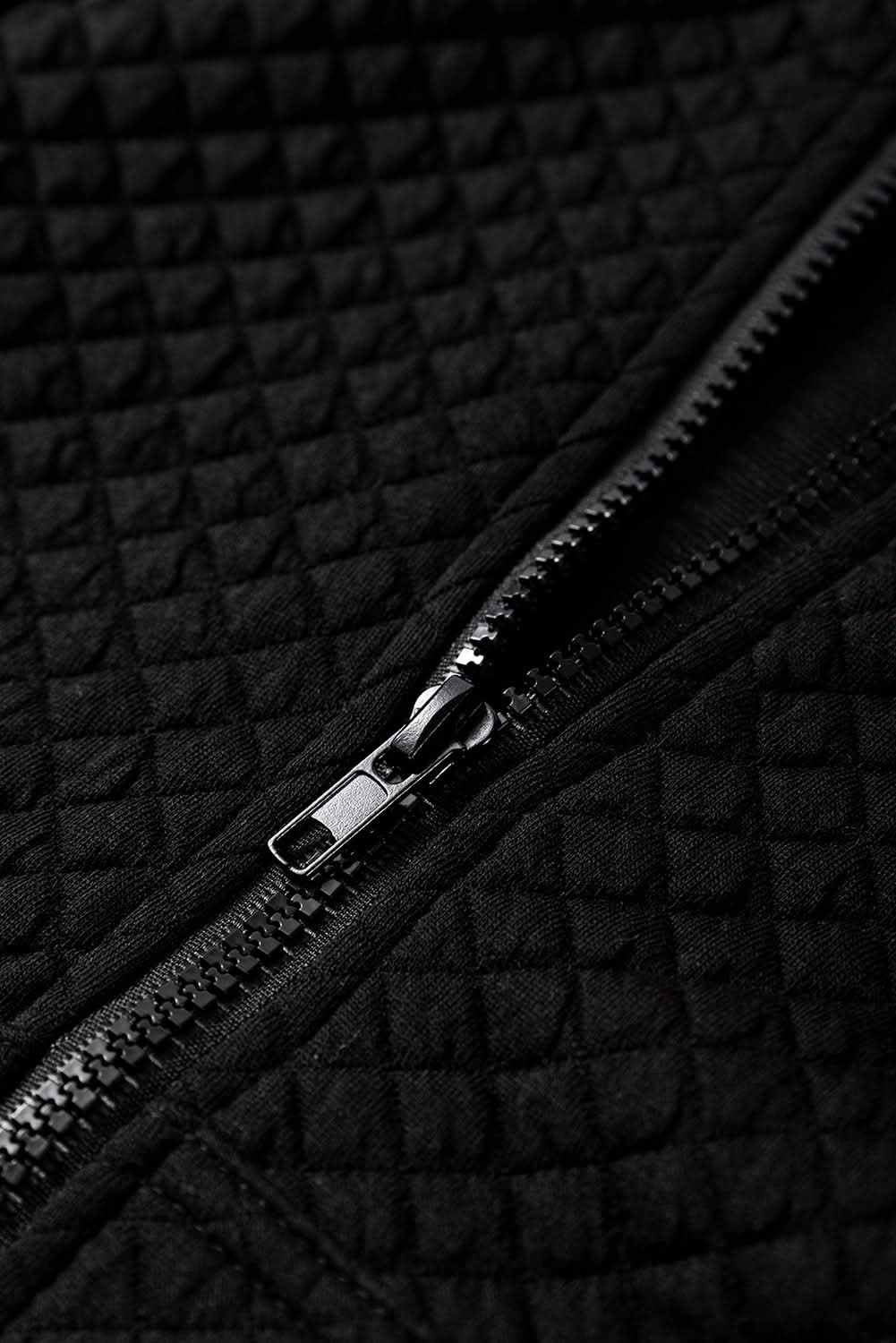 Black Quilted Side Pockets Zipper Hooded Jacket - Love Salve