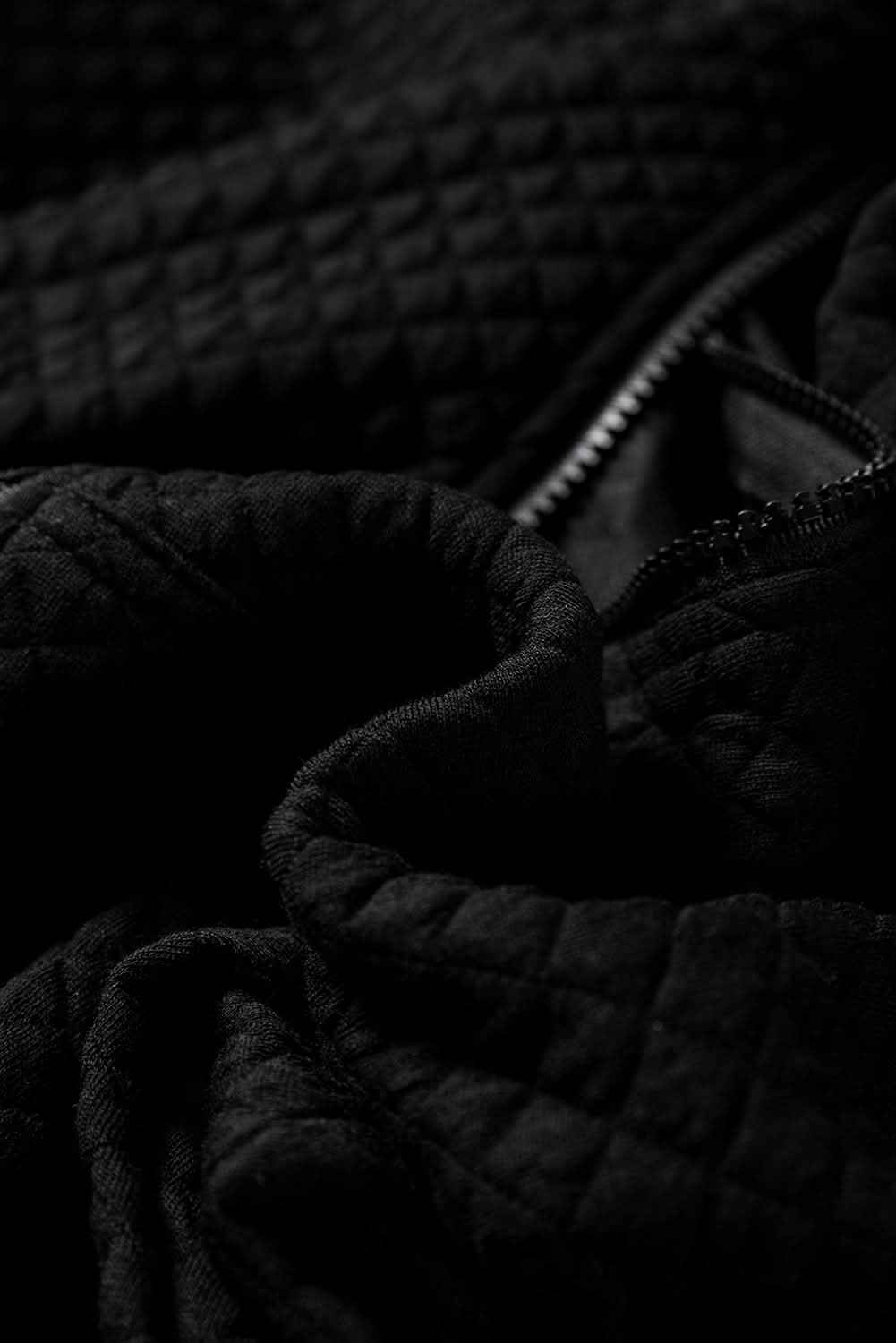 Black Quilted Side Pockets Zipper Hooded Jacket - Love Salve
