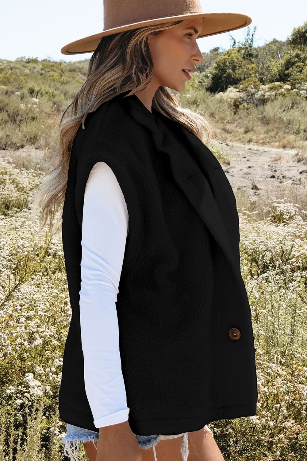 Black Sherpa Stand Collar Jacket Vest - Love Salve