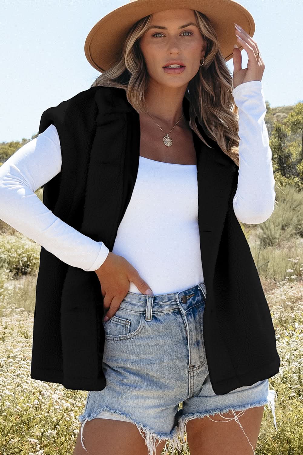 Black Sherpa Stand Collar Jacket Vest - Love Salve