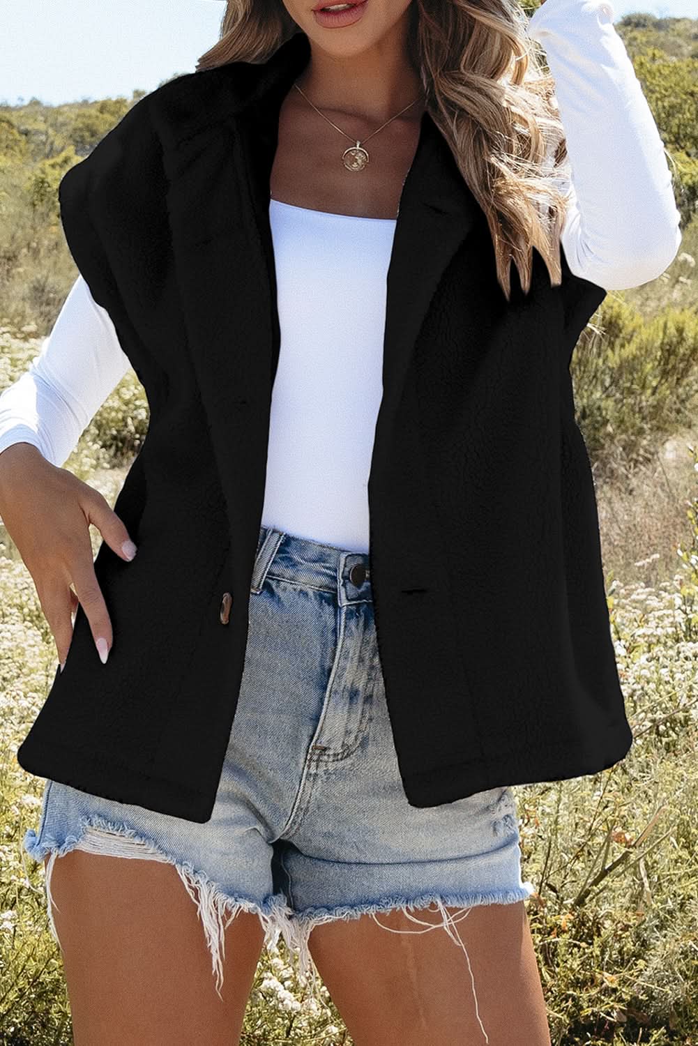 Black Sherpa Stand Collar Jacket Vest - Love Salve