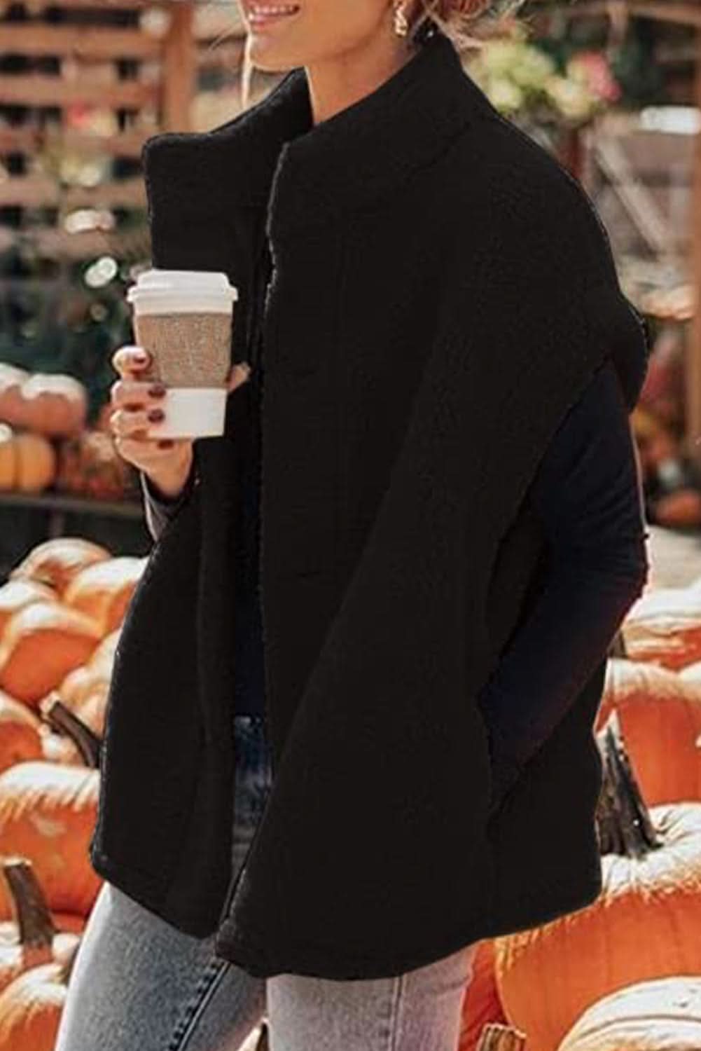 Black Sherpa Stand Collar Jacket Vest - Love Salve