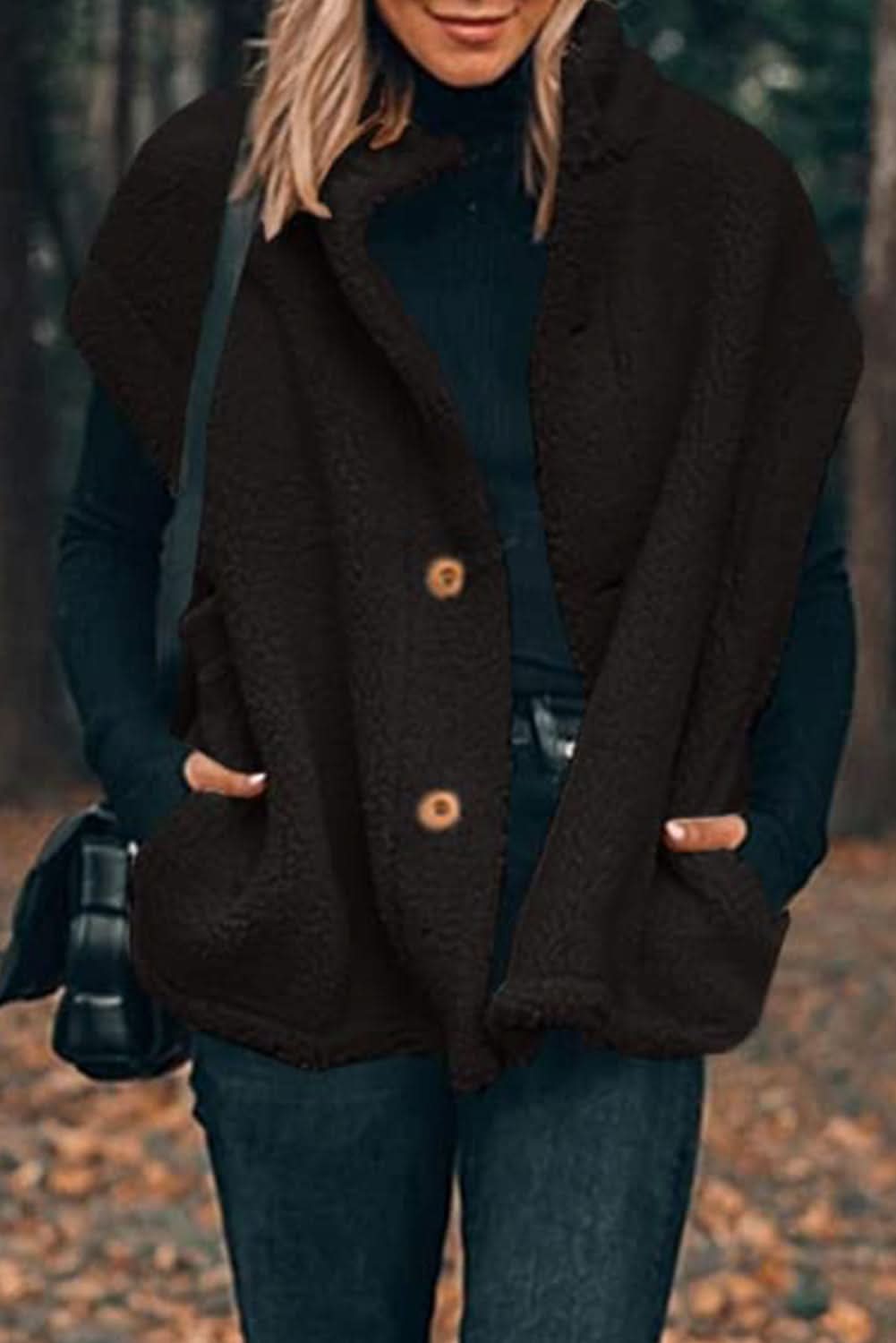 Black Sherpa Stand Collar Jacket Vest - Love Salve