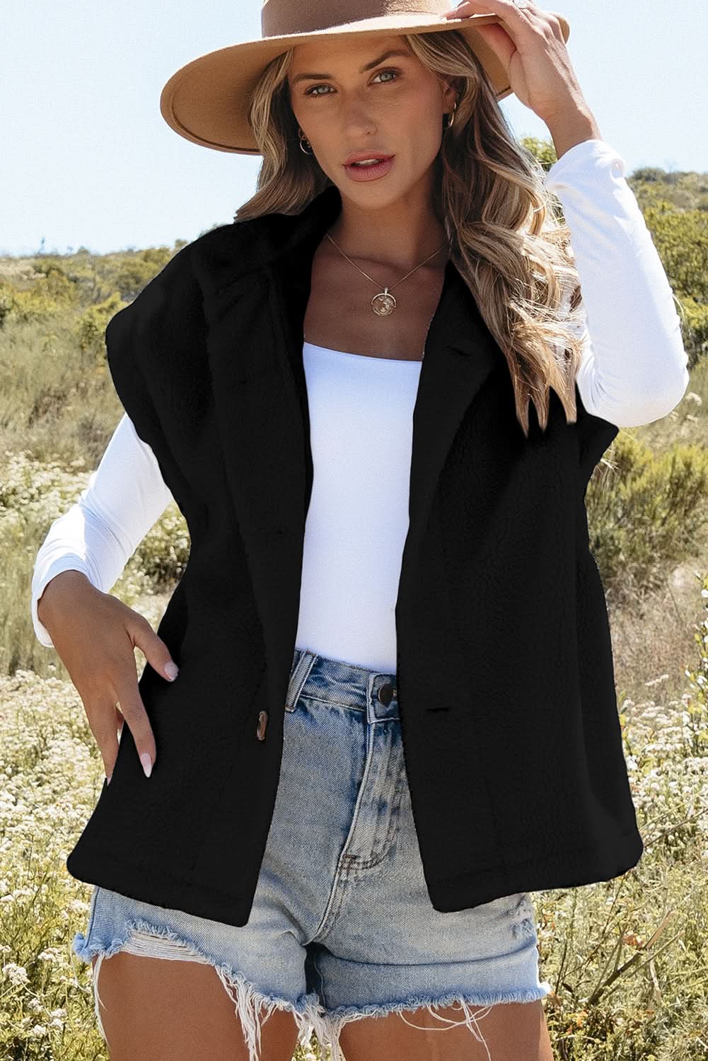 Black Sherpa Stand Collar Jacket Vest - Love Salve