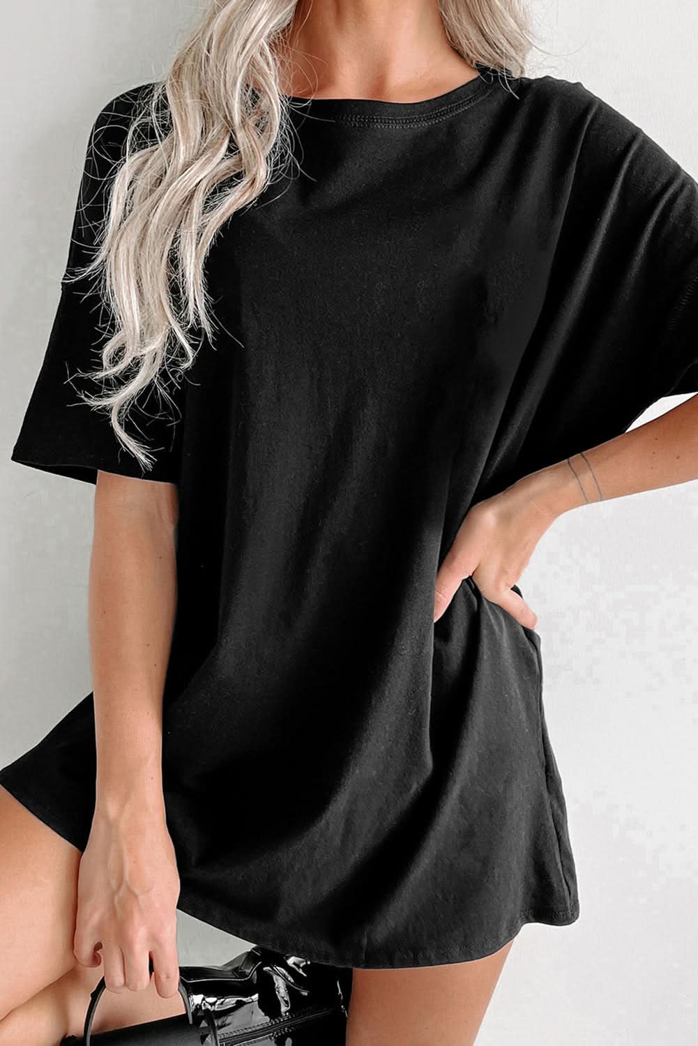Black Solid Color Round Neck Basic Tunic T Shirt - Love Salve