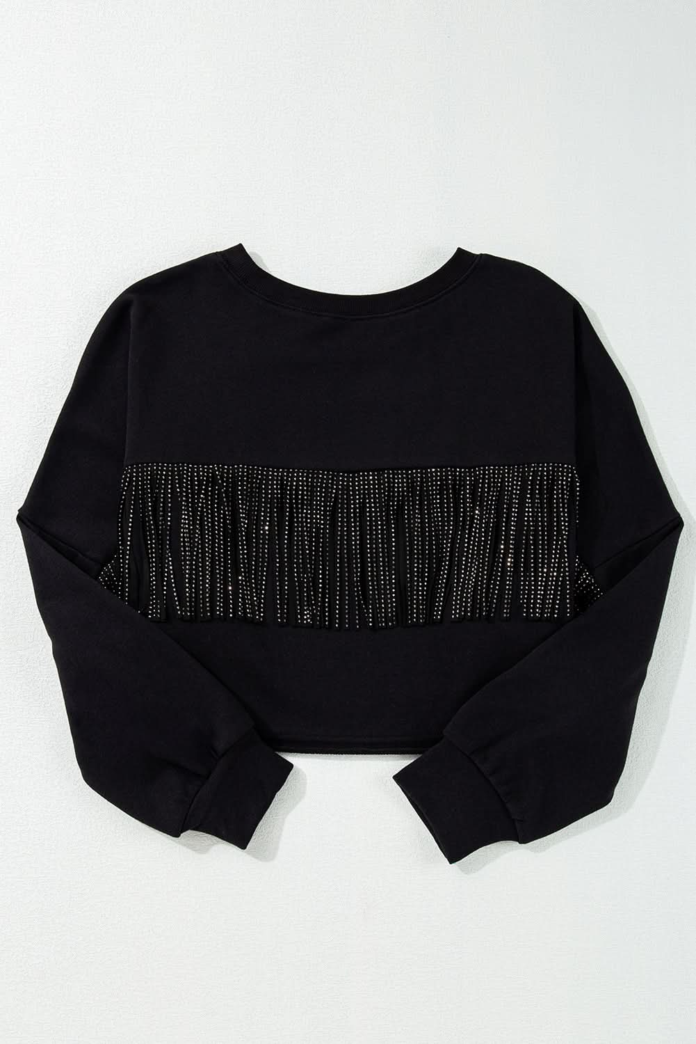 Black cropped rugby sweatshirt with tassels and sequins - Love Salve