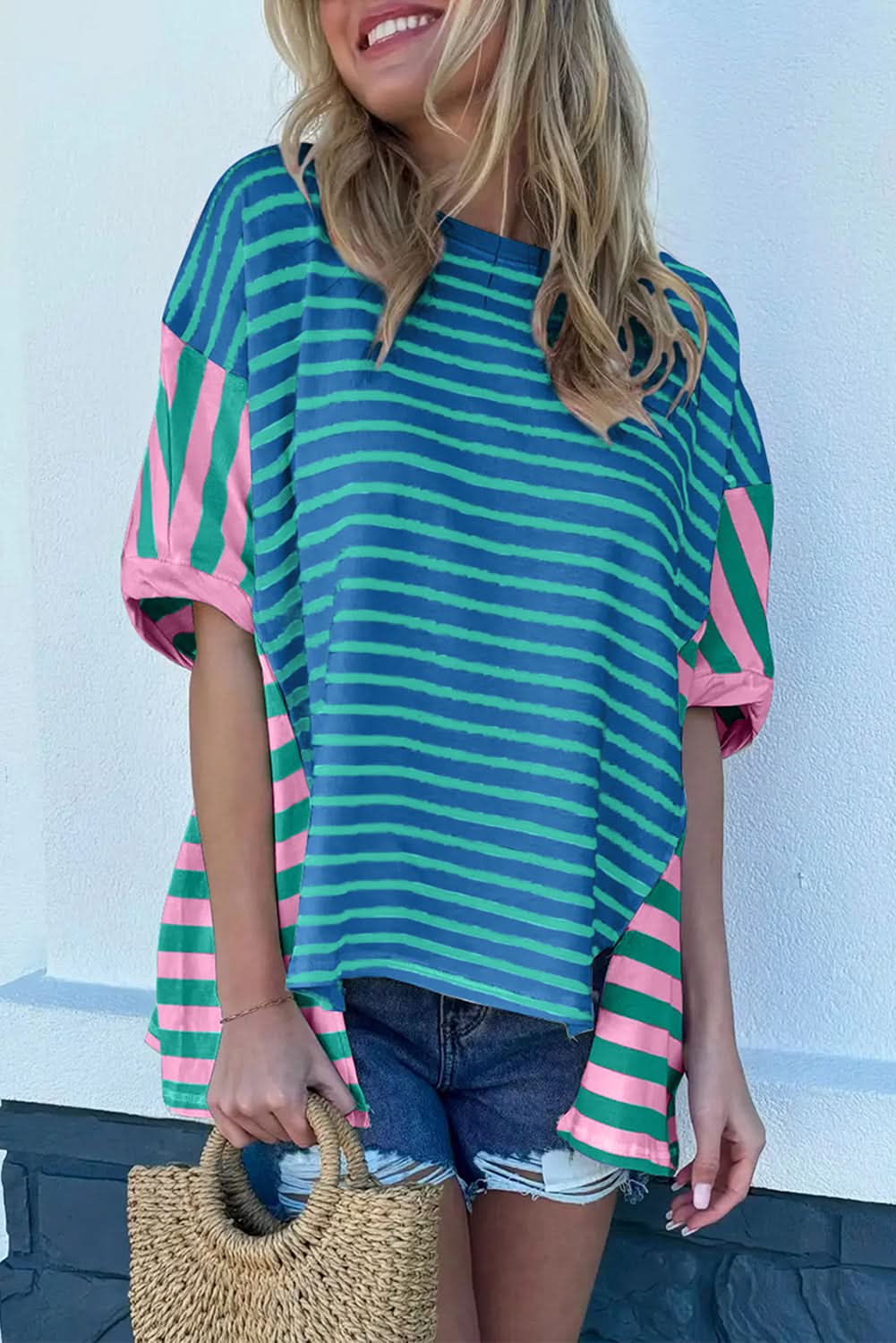 Blue Stripe Colorblock Patchwork Baggy T Shirt - Love Salve