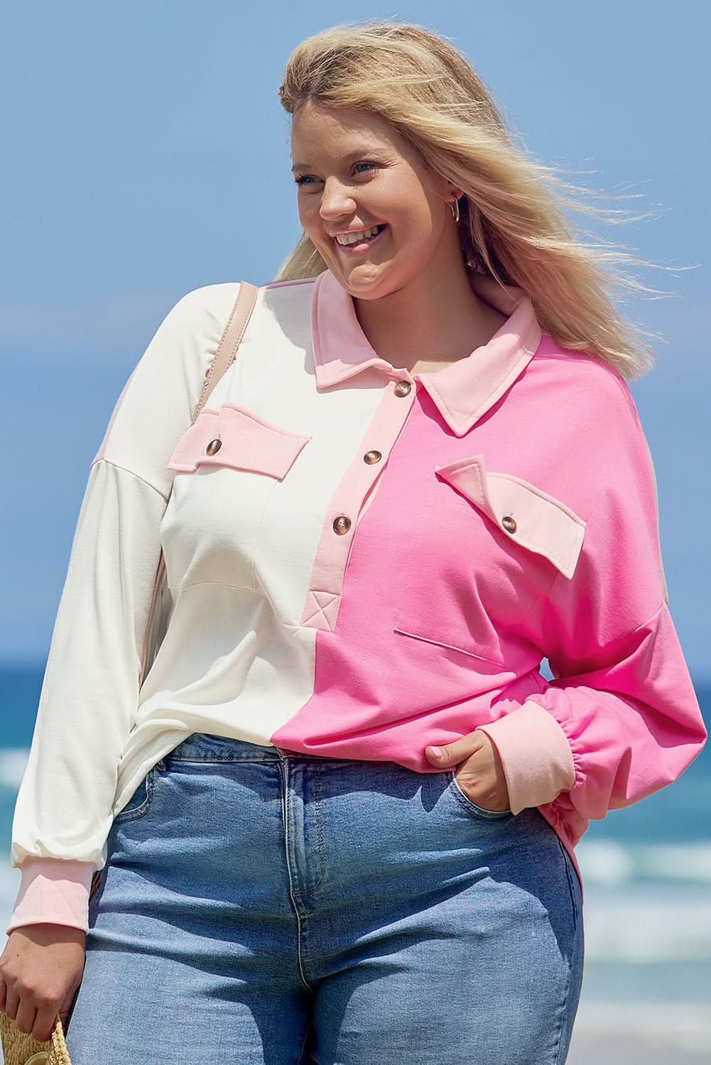 Bonbon Color Block Chest Pockets Half Button Plus Size Sweatshirt - Love Salve