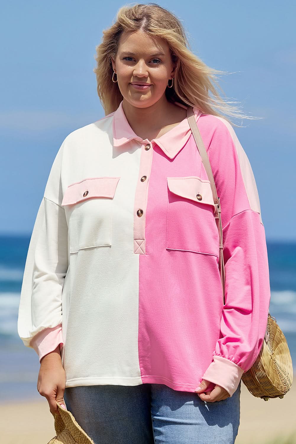 Bonbon Color Block Chest Pockets Half Button Plus Size Sweatshirt - Love Salve