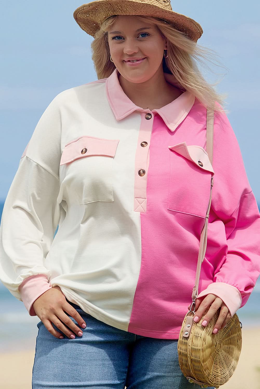 Bonbon Color Block Chest Pockets Half Button Plus Size Sweatshirt - Love Salve