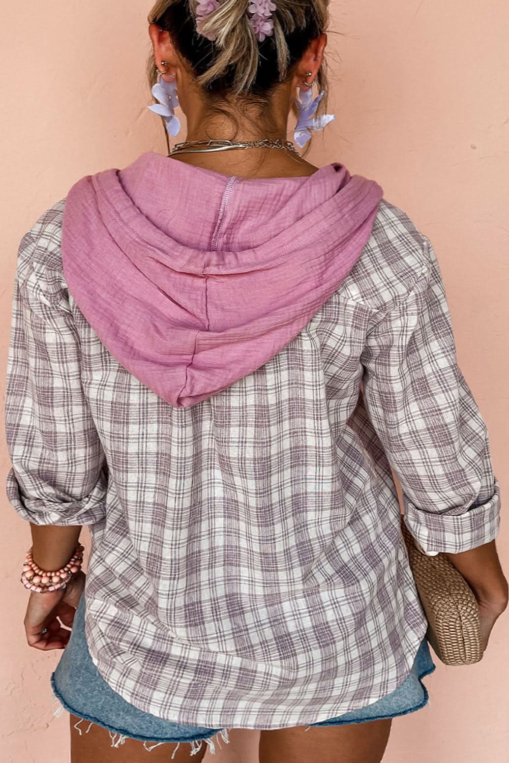 Bonbon plus size plaid hooded shirt - Love Salve