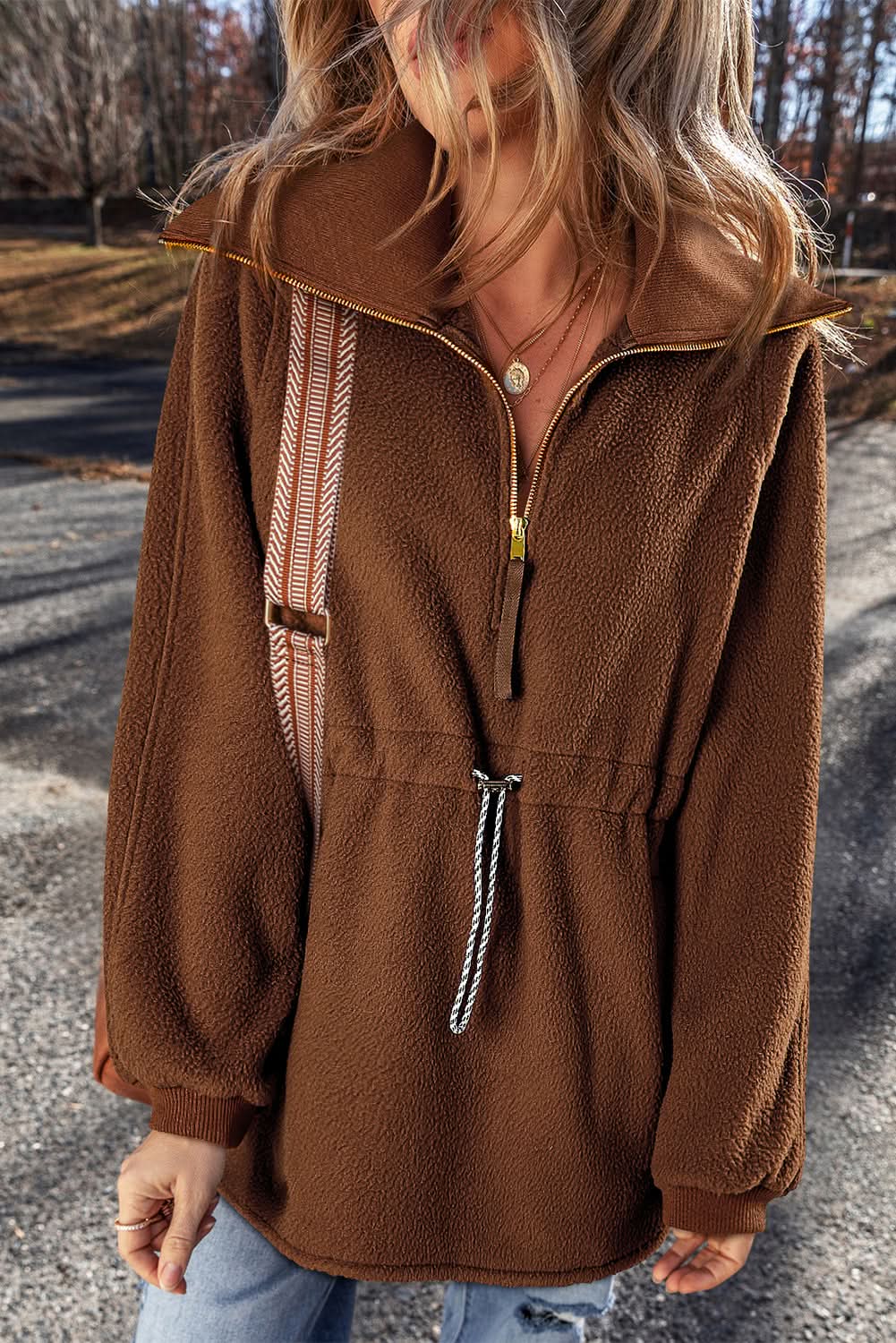Brown Half Zip Fleece Pullover Sweatshirt - Love Salve
