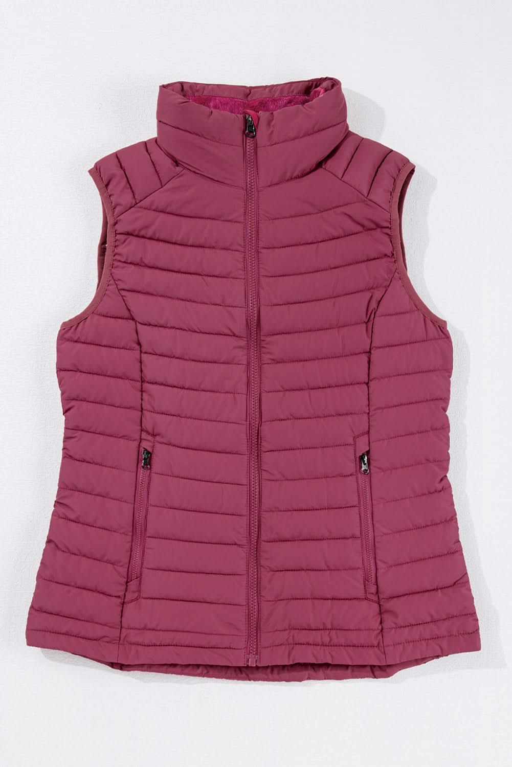 Burgundy Plush Collared Quilted Zipped Puffer Vest - Love Salve