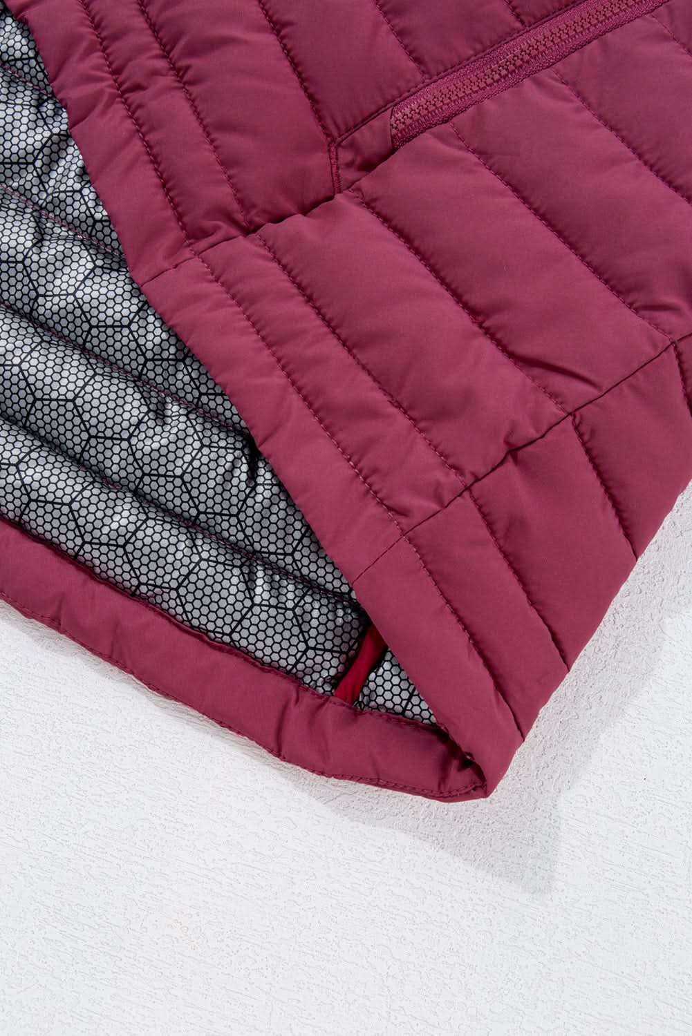 Burgundy Plush Collared Quilted Zipped Puffer Vest - Love Salve