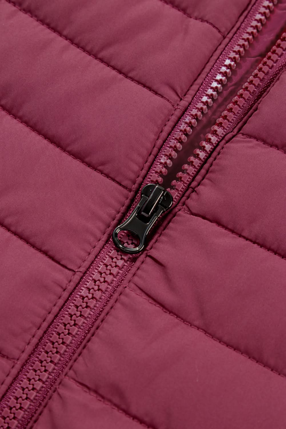 Burgundy Plush Collared Quilted Zipped Puffer Vest - Love Salve