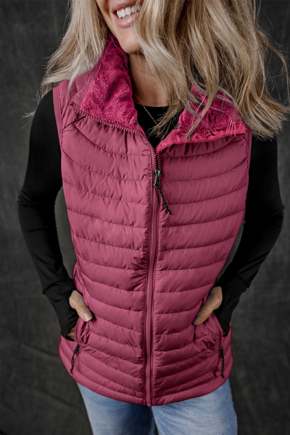 Burgundy Plush Collared Quilted Zipped Puffer Vest - Love Salve