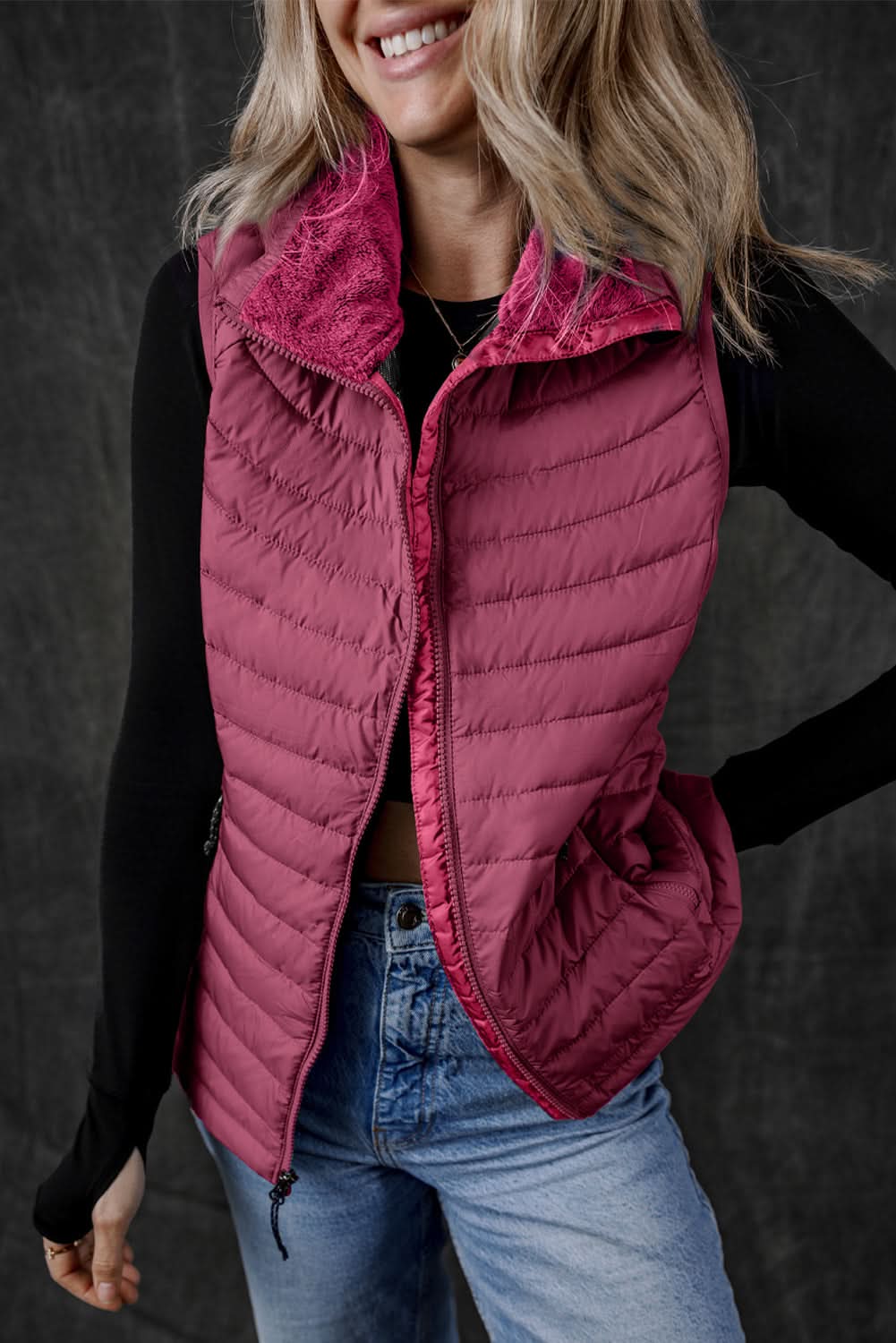 Burgundy Plush Collared Quilted Zipped Puffer Vest - Love Salve