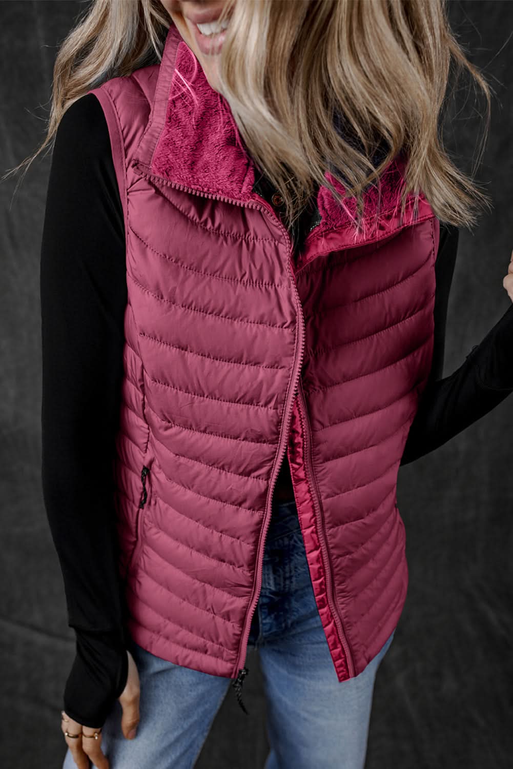 Burgundy Plush Collared Quilted Zipped Puffer Vest - Love Salve