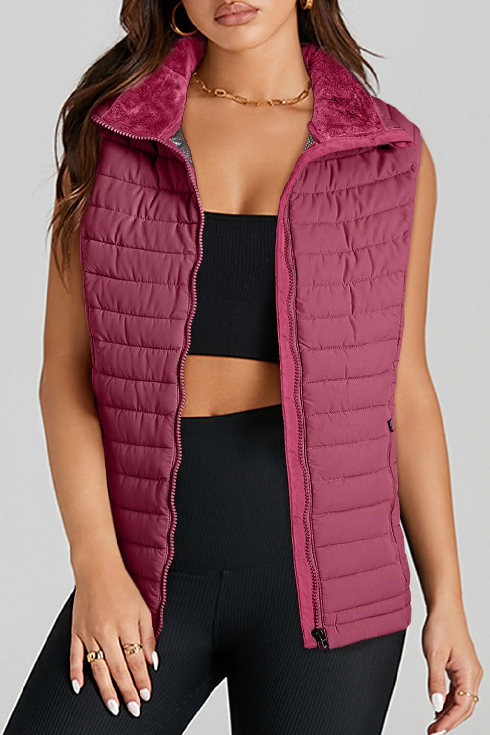 Burgundy Plush Collared Quilted Zipped Puffer Vest - Love Salve