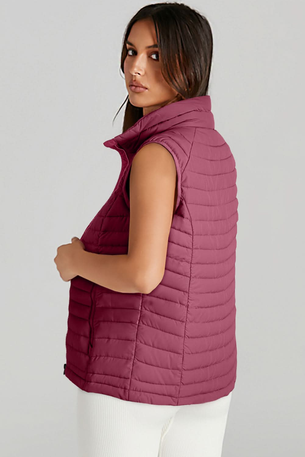 Burgundy Plush Collared Quilted Zipped Puffer Vest - Love Salve