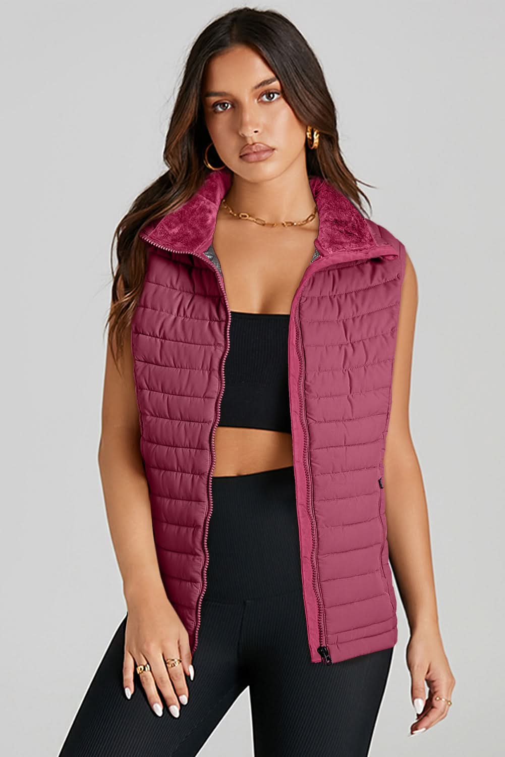 Burgundy Plush Collared Quilted Zipped Puffer Vest - Love Salve