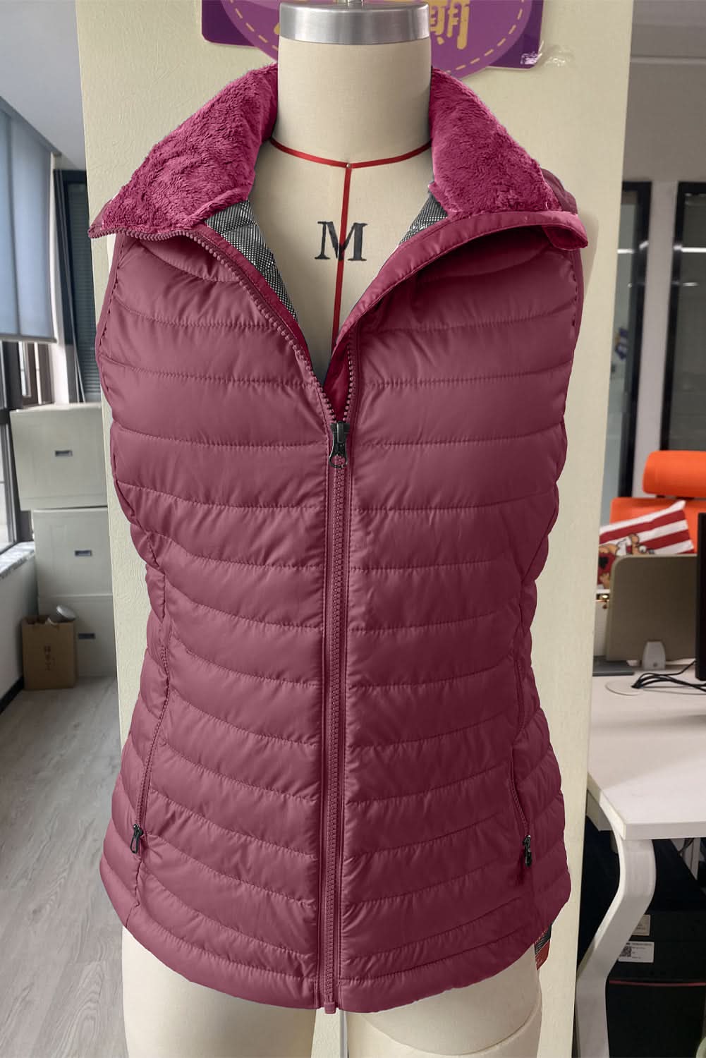 Burgundy Plush Collared Quilted Zipped Puffer Vest - Love Salve