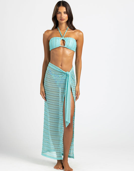 Camden Wrap Top Frozen Aqua With Gold Lurex Lined Tie Neck And Back Keyhole Detail Beach Bunny Swimwear