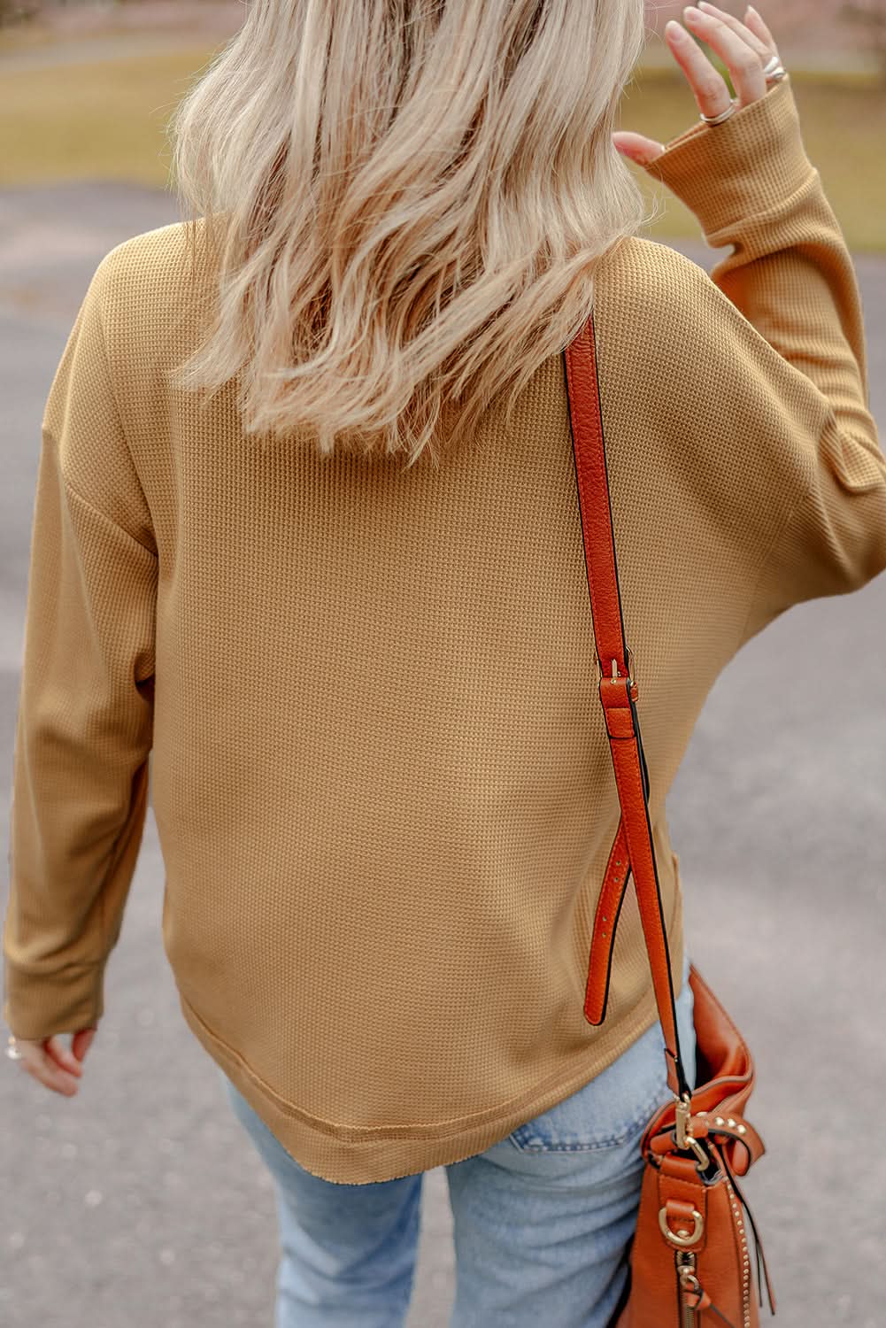 Camel Textured Knit Half Button Drop Shoulder Oversized Top - Love Salve