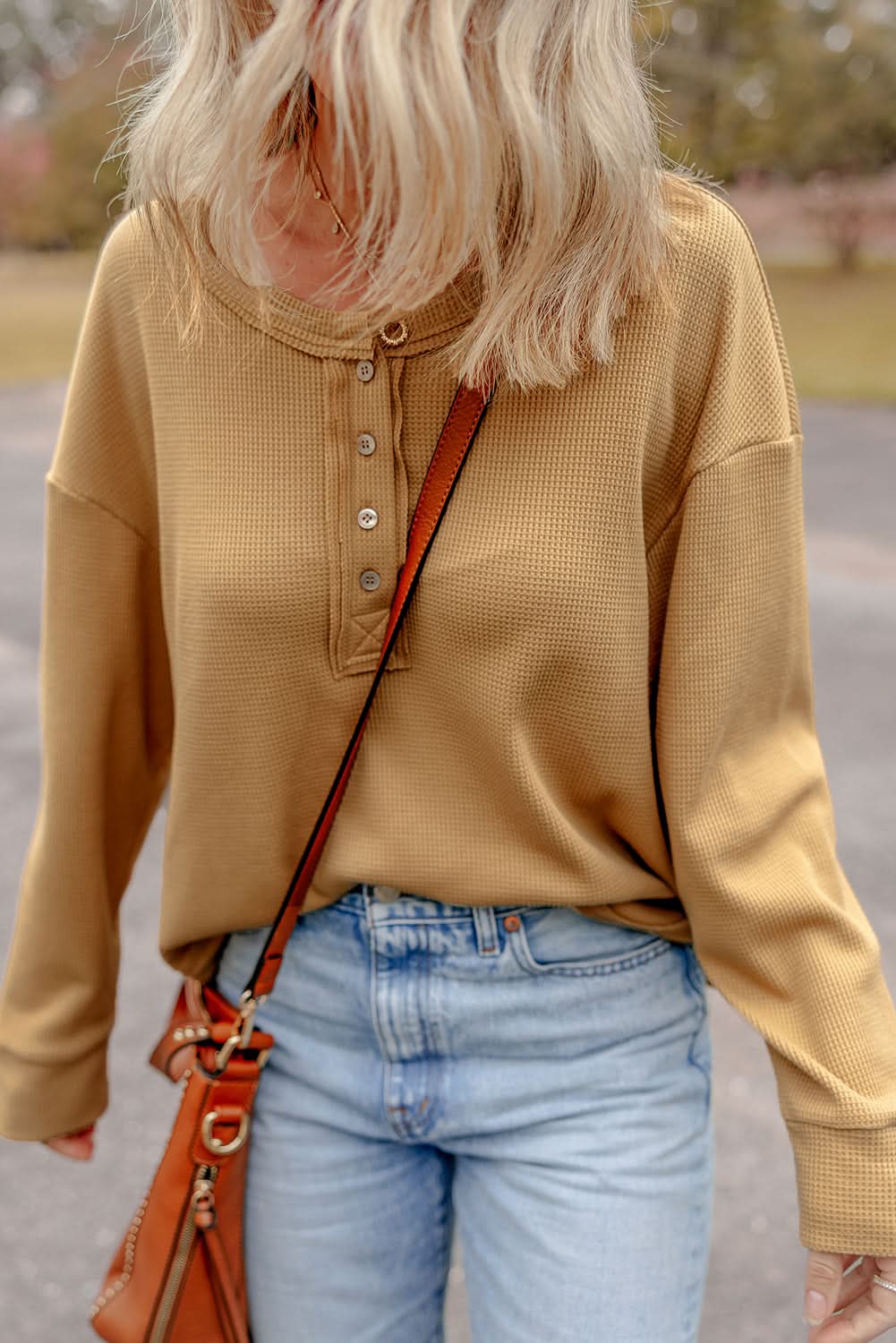 Camel Textured Knit Half Button Drop Shoulder Oversized Top - Love Salve