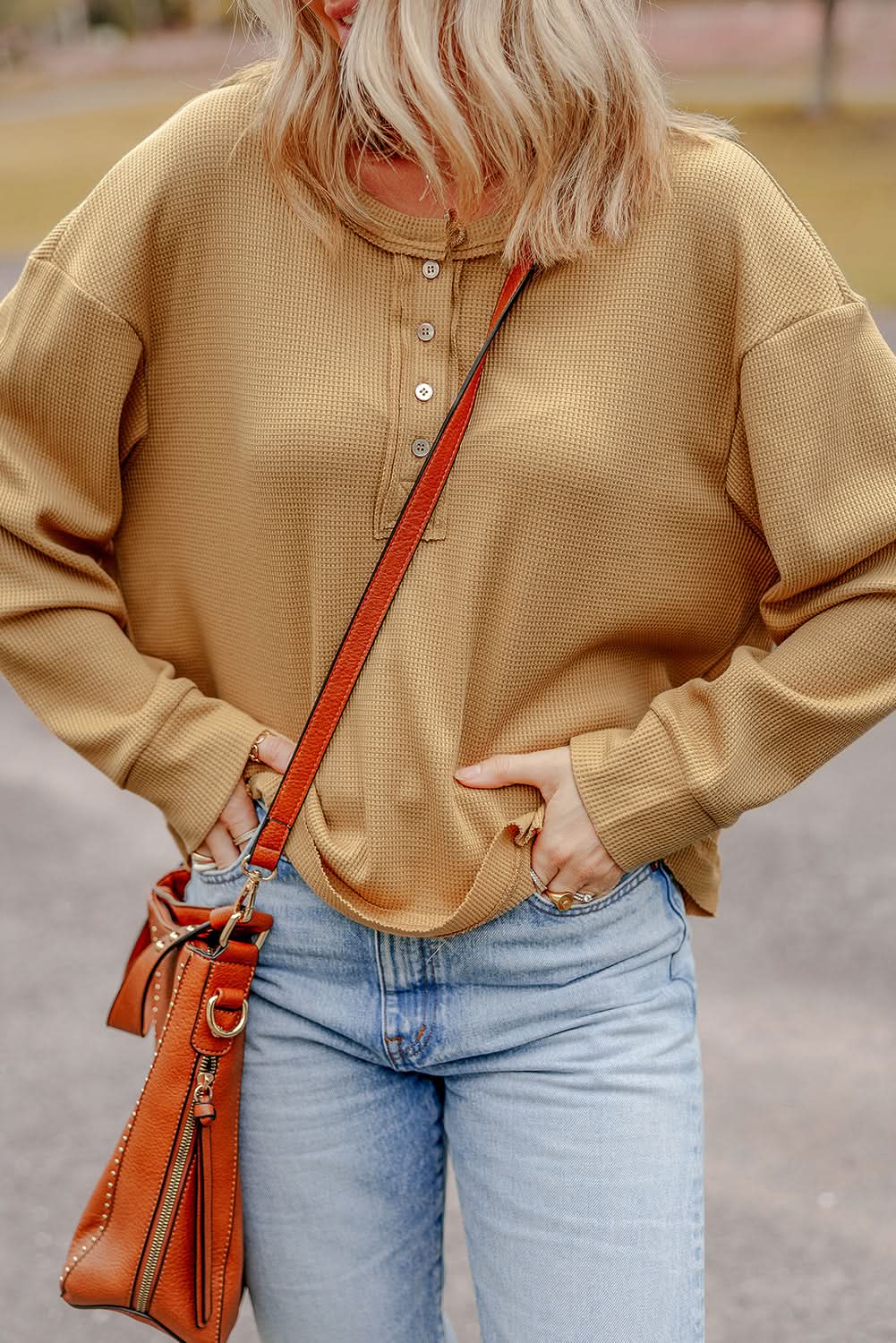 Camel Textured Knit Half Button Drop Shoulder Oversized Top - Love Salve
