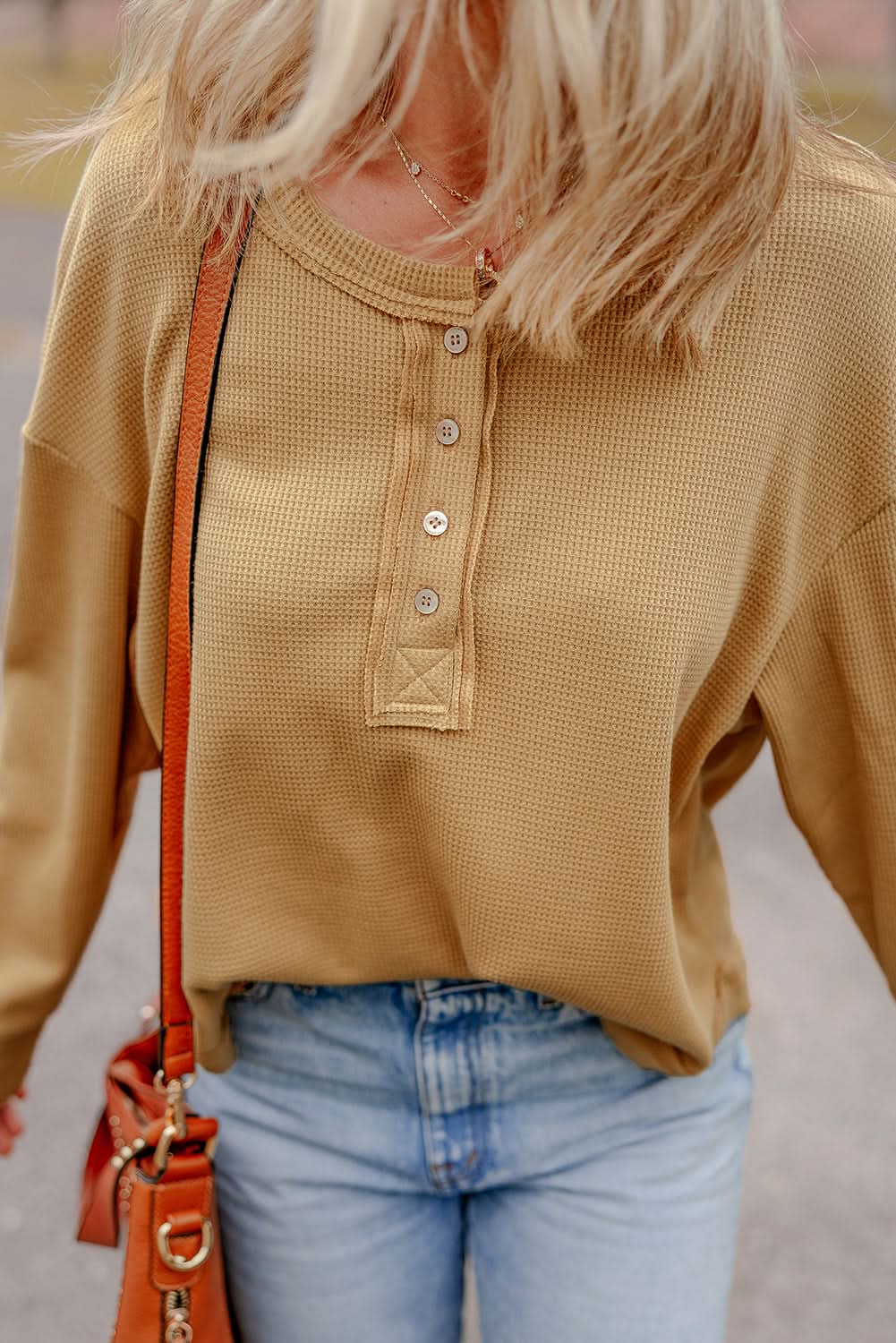 Camel Textured Knit Half Button Drop Shoulder Oversized Top - Love Salve