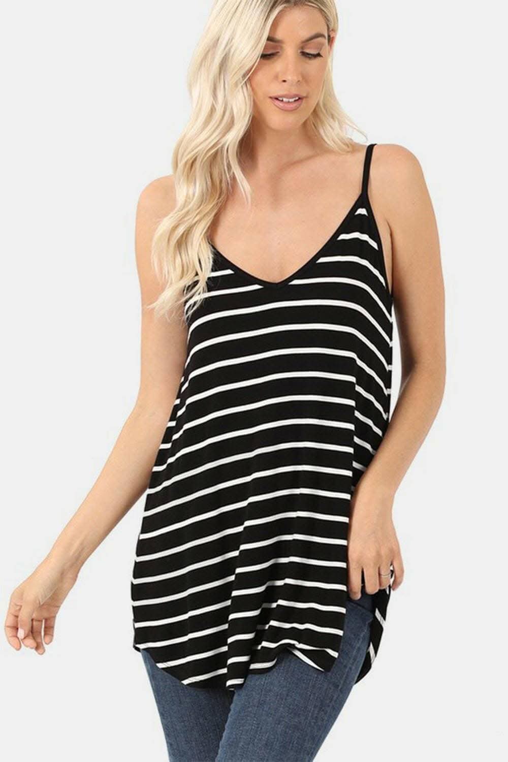 Chic Striped Sleeveless V-Neck Top with Flare Hem