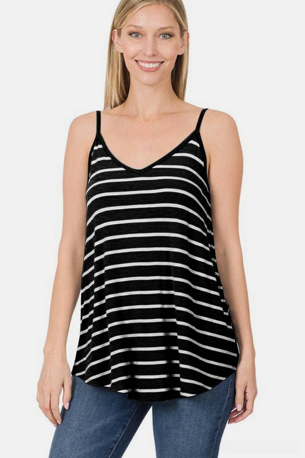 Chic Striped Sleeveless V-Neck Top with Flare Hem