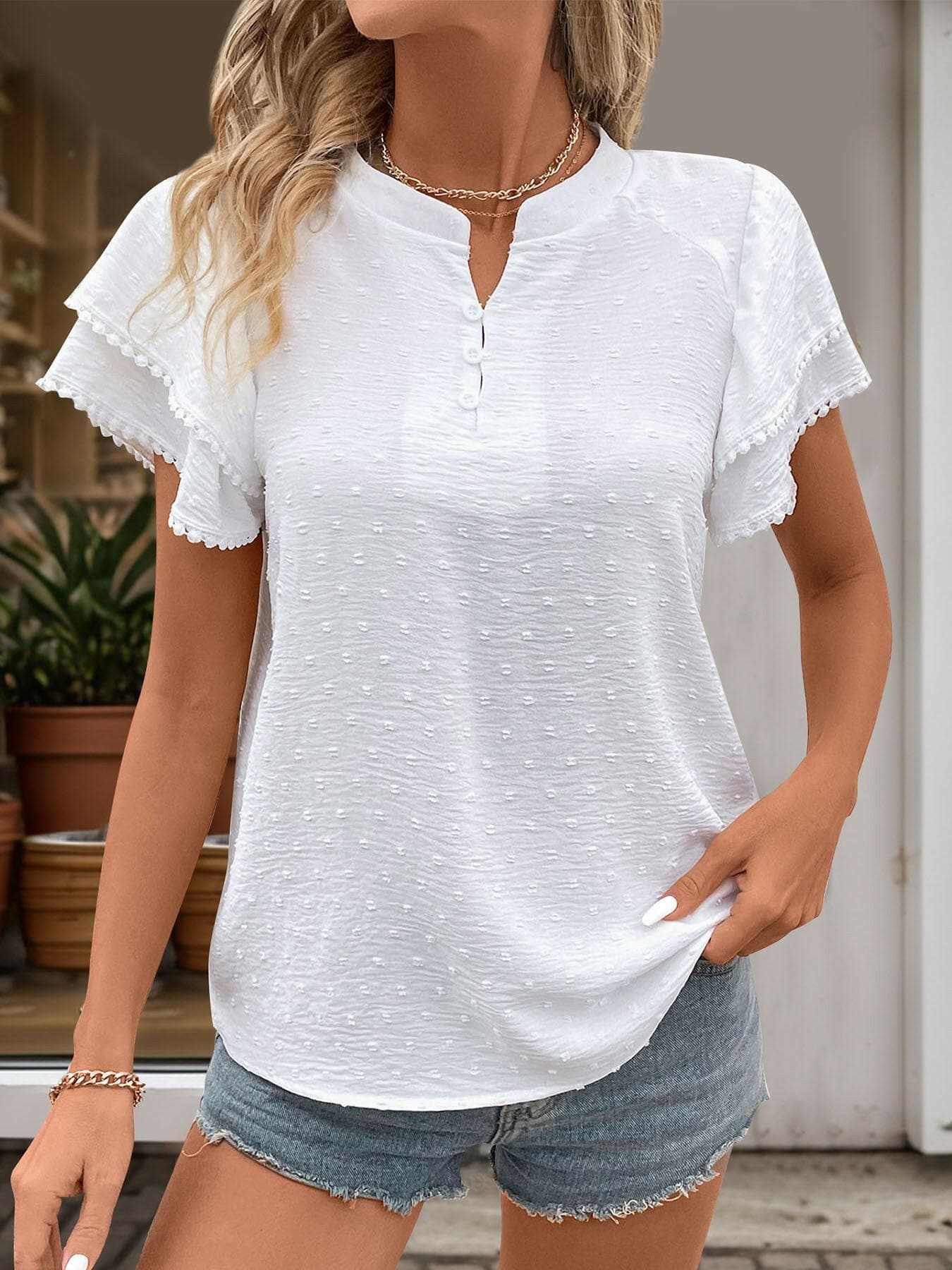 Chic Swiss dot notched blouse - Love Salve