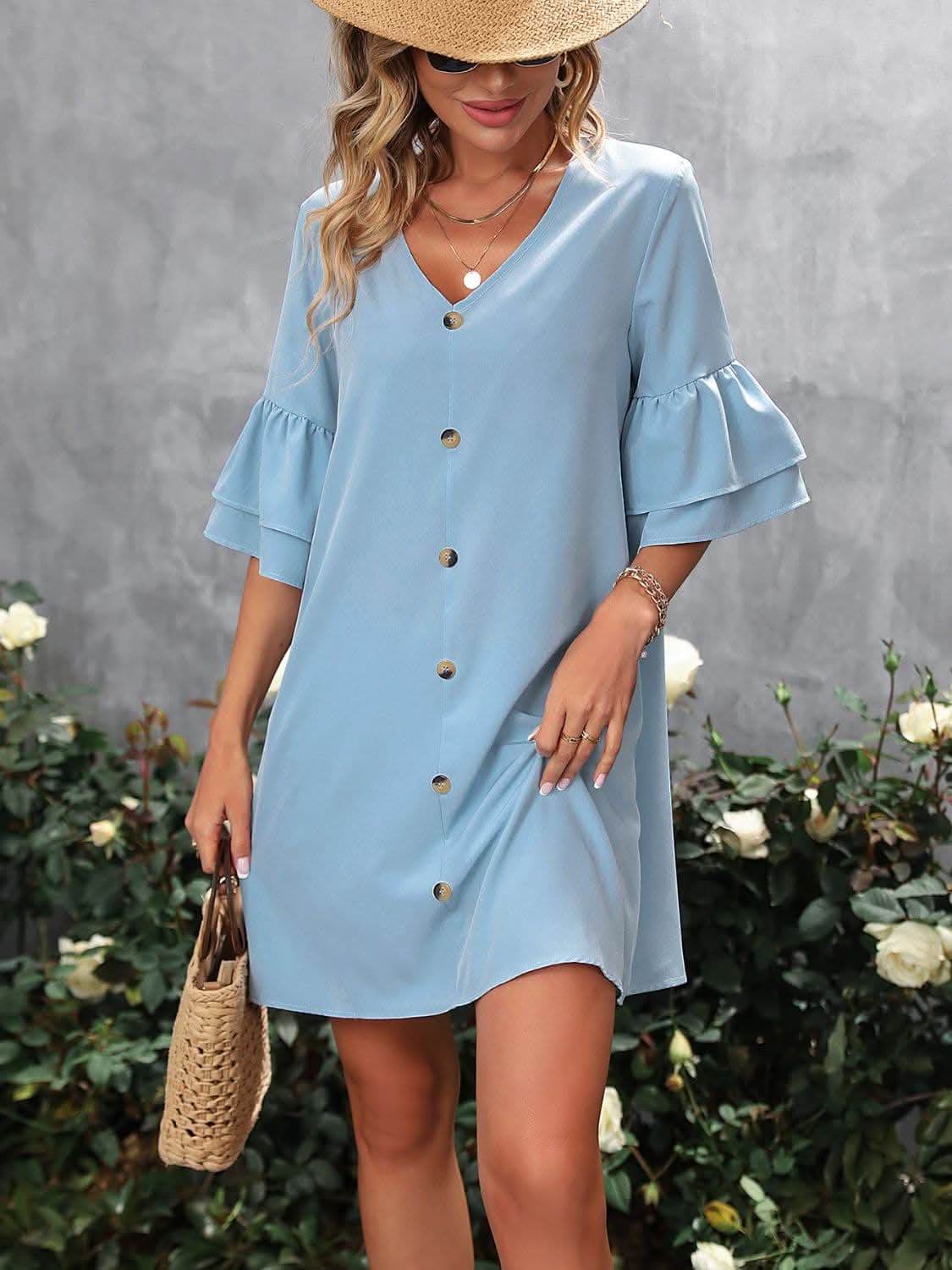 Chic V-neck Mini Dress with Ruffles and Elegant Detail