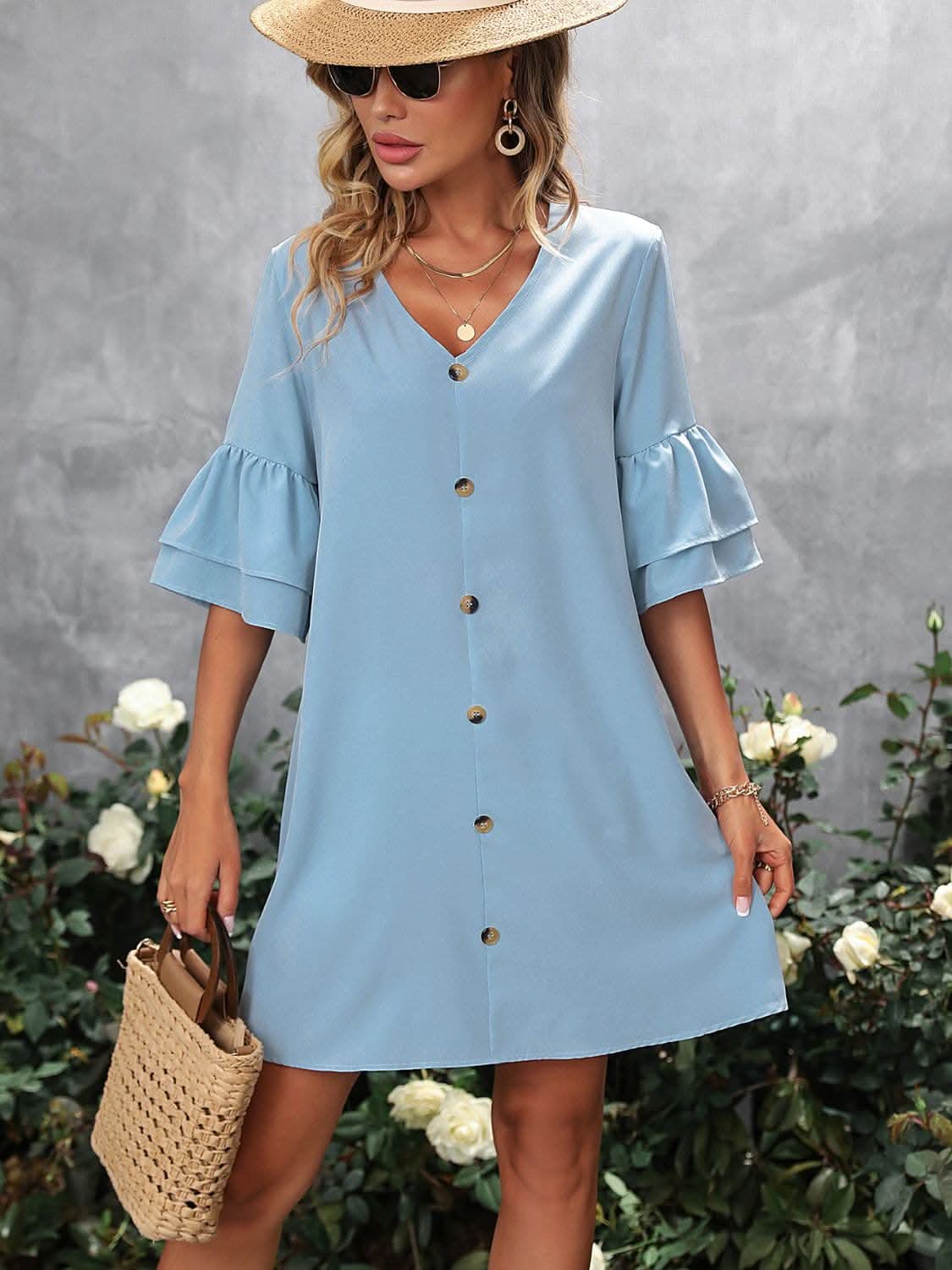 Chic V-neck Mini Dress with Ruffles and Elegant Detail